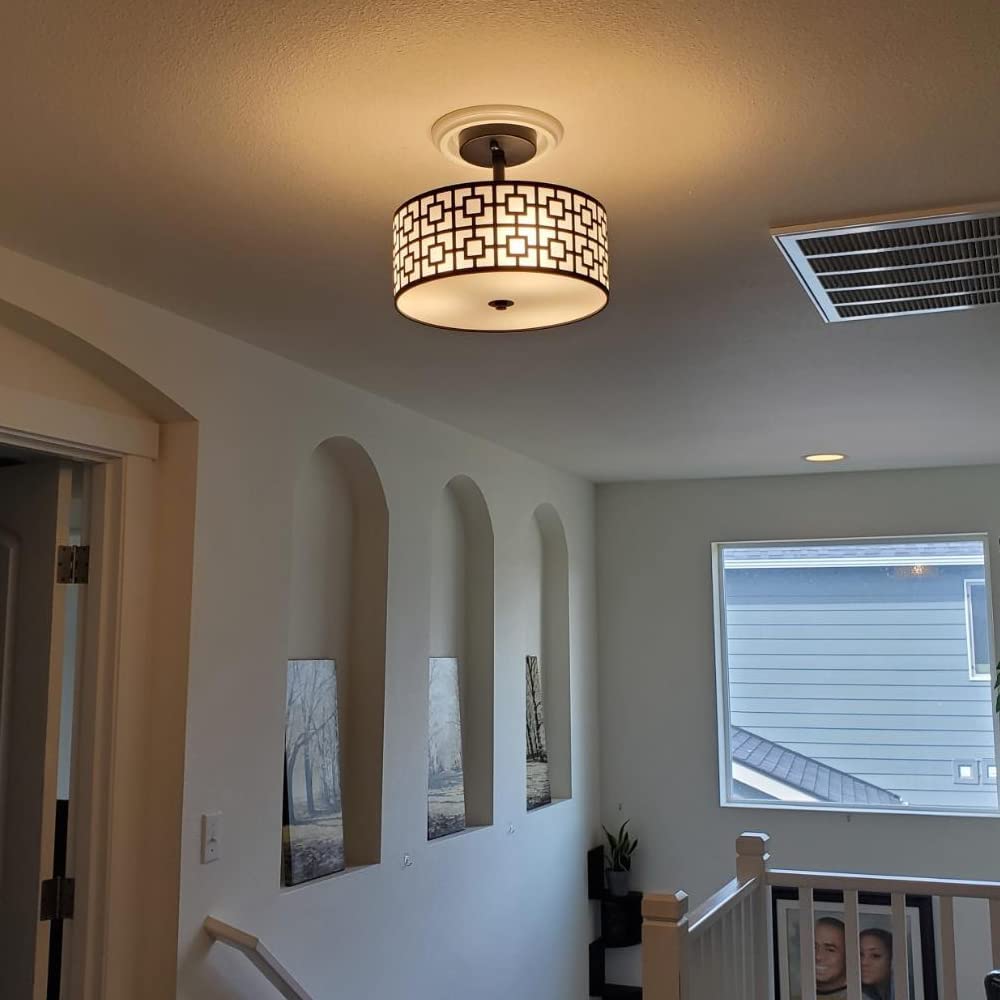 Depuley 12.6 Inch Modern Semi Flush Mount Ceiling Light Fixture - 3-Light Drum Chandelier for Bedroom, Dining Room, Kitchen, Hallway, Entryway, Foyer & Living Room - Black/Silver Finish - Perfect for Ambient Lighting and Home Decor