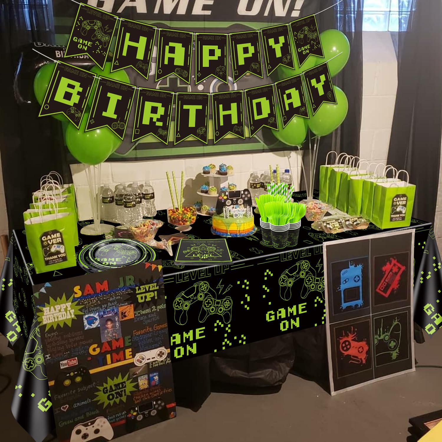 162Pcs Green Video Game Party Decorations Set - Includes Game On Plates, Napkins, Cups & Birthday Banner - Perfect for Boys Gaming Birthday Party & Level Up Theme - Serves 20 Guests - Ideal for Gaming Themed Birthday Parties, Game Night Decorations & Esports Events