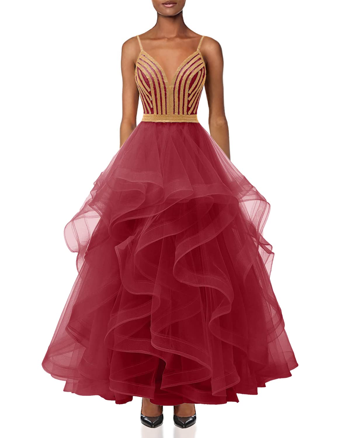 Chupeng Women's Gold Crystal Tiered Tulle Prom Dress - Elegant Spaghetti Strap Long Formal Evening Gown for Cocktail Party, Homecoming, Ball & Special Occasions