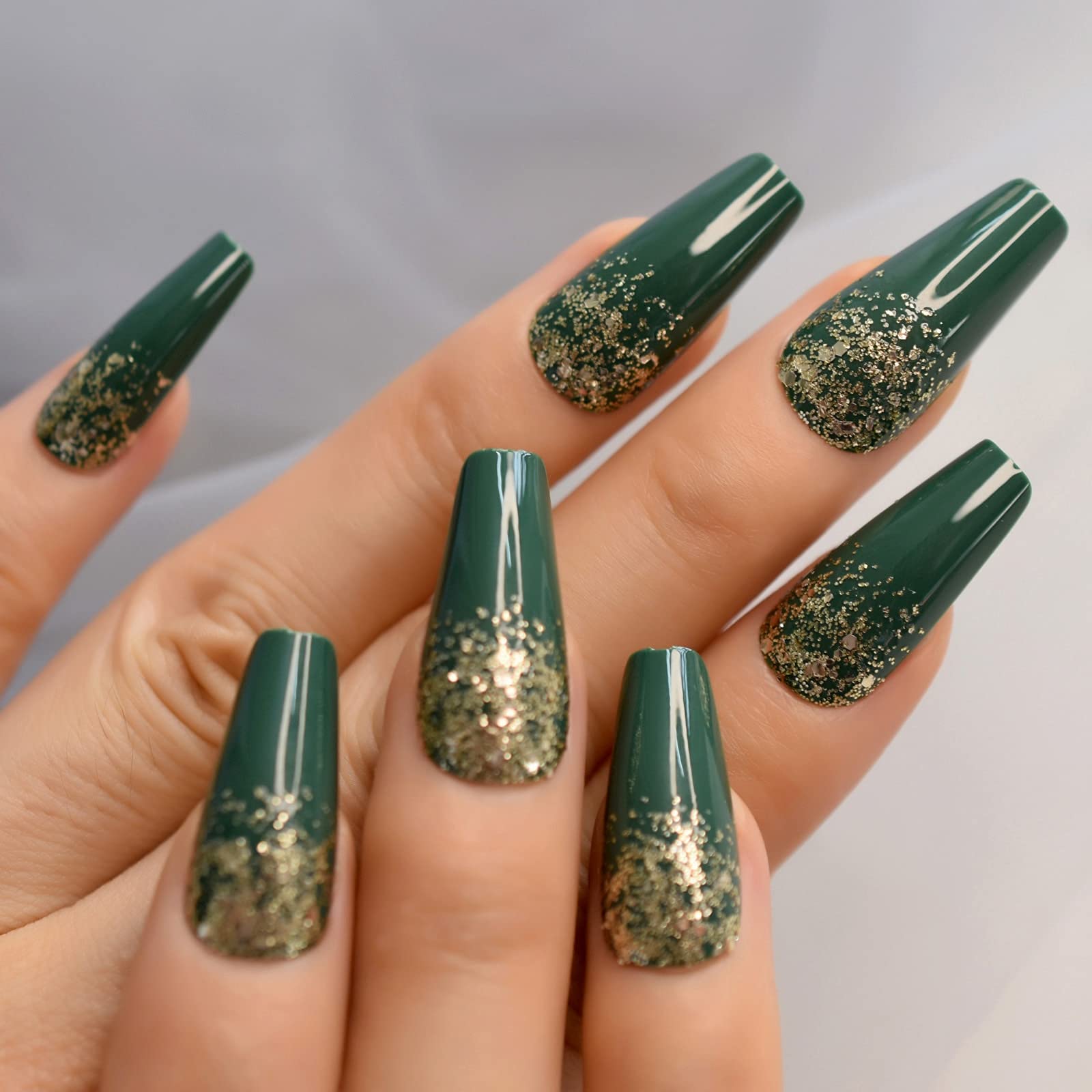 Coolnail Green French Press False Nails with Silver Sequins Glitter - Long Ballerina Coffin Full Cover Artificial Nails for Party, Wedding, Prom & Special Occasions