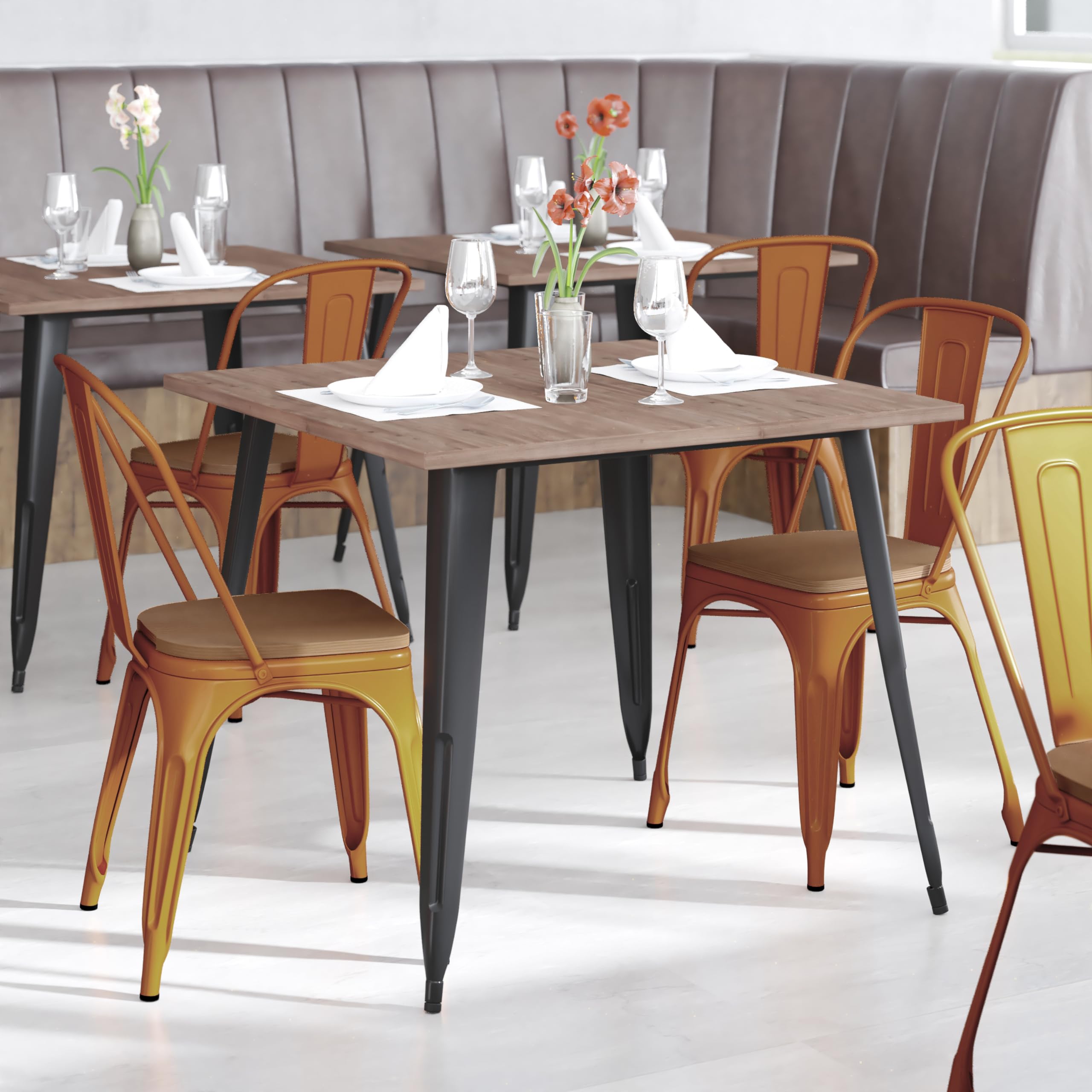 Commercial Stackable Chairs for Indoor & Outdoor Use - Durable Orange Metal Frame with Comfortable Teak Poly Resin Seat - Rounded Edges for Comfort - Perfect for Restaurants, Cafes, Events & Patio Seating