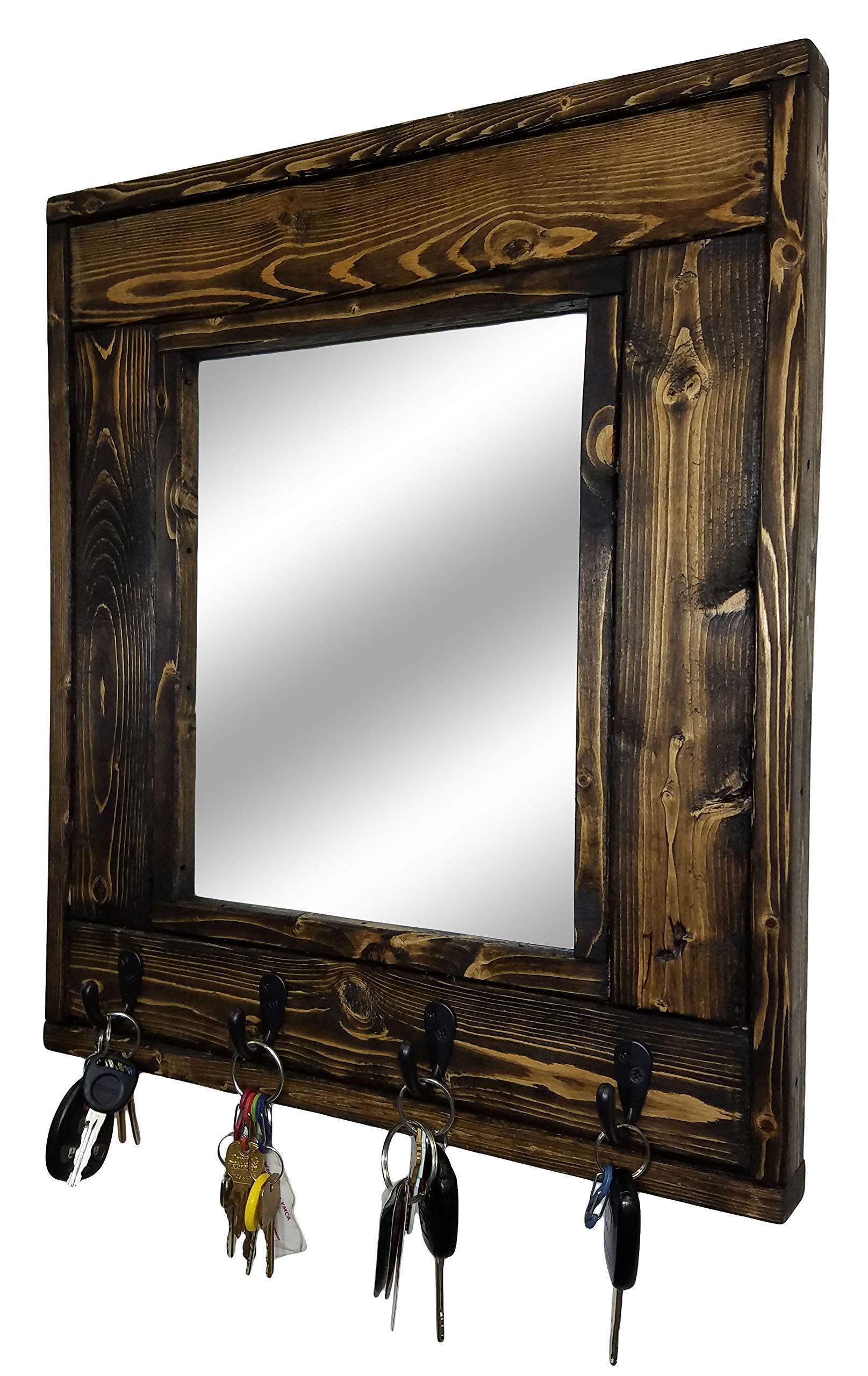 Millwood Wall Mirror with Rustic Hooks - Customizable Dark Walnut Entryway Mirror with 5 Coat Hooks - Farmhouse Decor for Hanging Keys, Hats & Jackets - Perfect for Hallway, Bedroom or Mudroom Organization