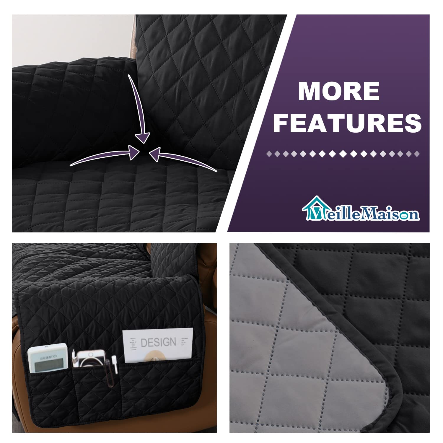 MeilleMaison Recliner Sofa Slipcover - Stretchable 2-Seater Couch Cover for Reclining Loveseat, Non-Slip Elastic Straps, Pet & Kid Friendly - Black/Grey (MMCLKR02C6) - Perfect for Living Room, Family Room & Home Theater Seating Protection