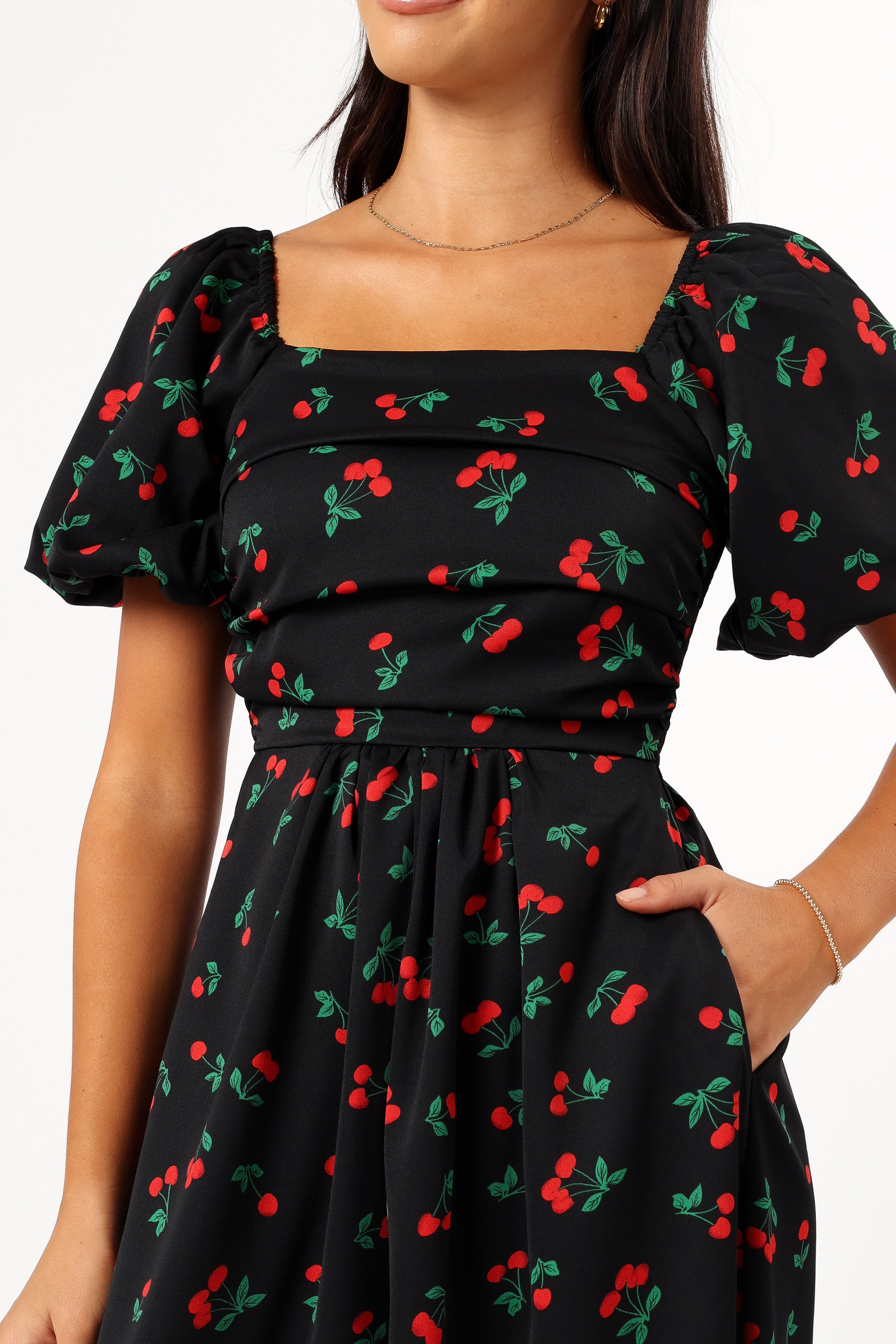 Chlo Women's Puff Sleeve Midi Dress - Floral Cherry Print Summer Dress for Casual Outings, Dates & Beach Vacations