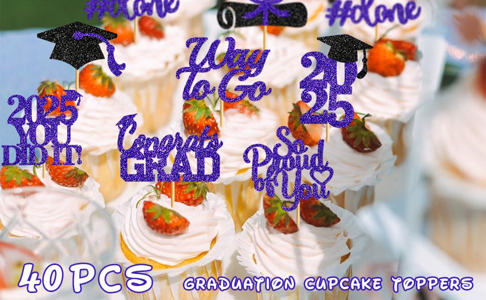 40Pcs Purple Graduation Cupcake Toppers 2025 - Class of 2025 Graduation Party Decorations - Edible Cake Picks for Graduation Ceremony, Congrats Party & School Celebration