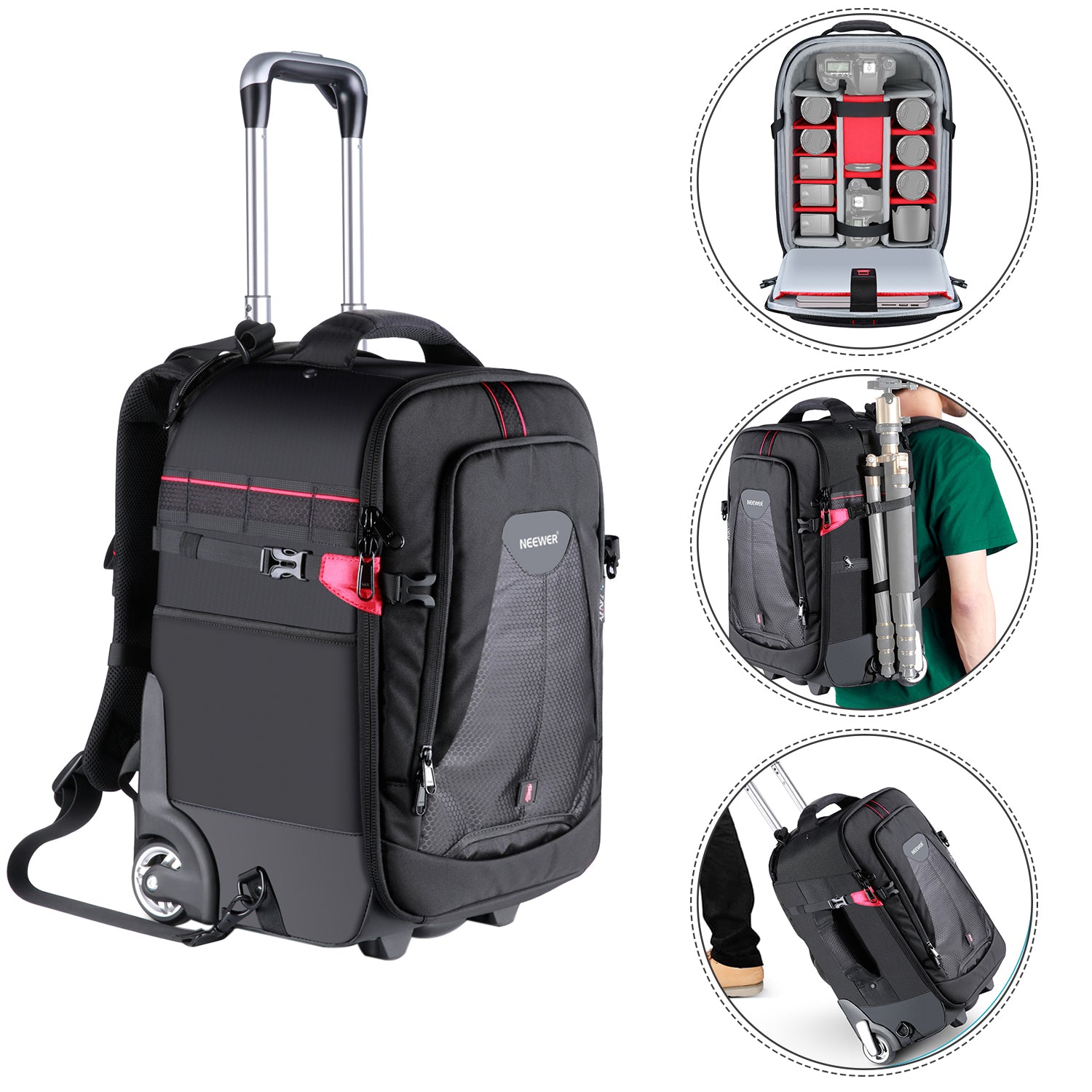 NEEWER 19.7x13x9.84 Inch 2-in-1 Rolling Backpack with Wheels - Convertible Trolley Carry-On Luggage for Travel, Business & School - Durable Water-Resistant Backpack with Extendable Handle & Smooth Spinner Wheels