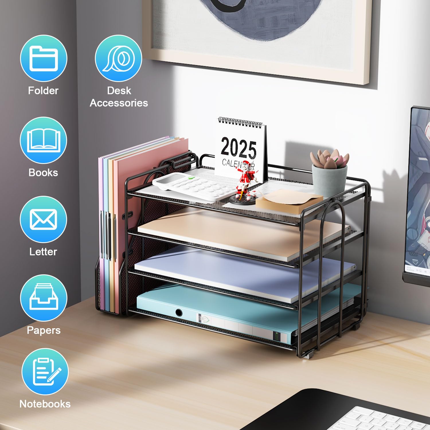 4-Tier Paper Organizer with Magazine Holder - Black Desk Organizer for Office Supplies, Files & Workspace Accessories | Perfect for Home Office, School & Workspace Organization