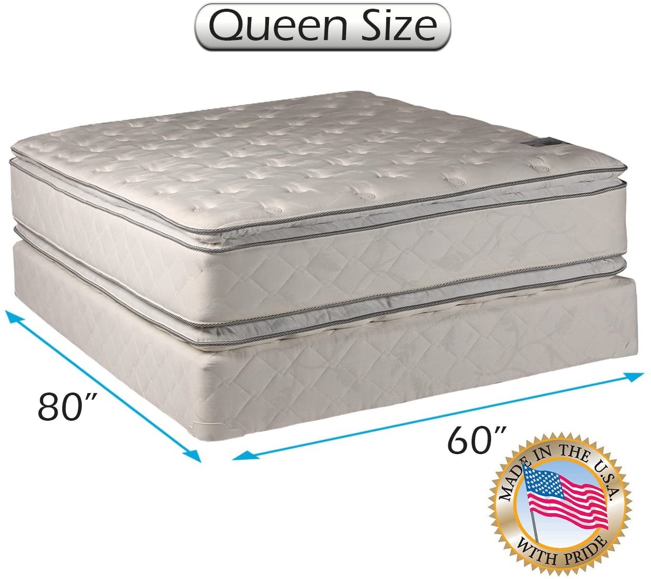 DS Solutions USA Serenity Two-Sided Pillowtop Queen Size Mattress Set with Mattress Protector - Enhanced Cushion Support for Back Pain Relief, Fully Assembled & Longlasting - Perfect for Master Bedroom, Guest Room & Apartment Sleeping