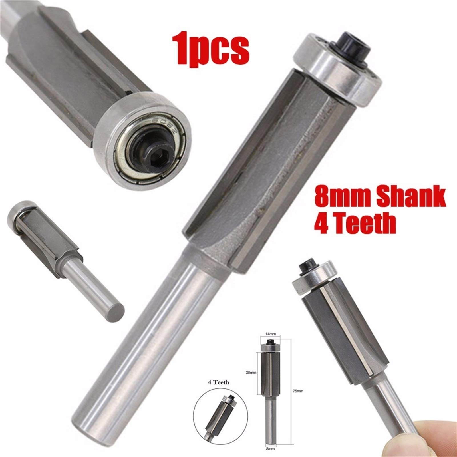 Xianglaa 8mm Shank 4 Teeth Flush Trim Router Bit with Bearing - Woodworking Pattern Cutter Tool (1PC) - Perfect for Cabinet Making, Edge Trimming & DIY Wood Projects