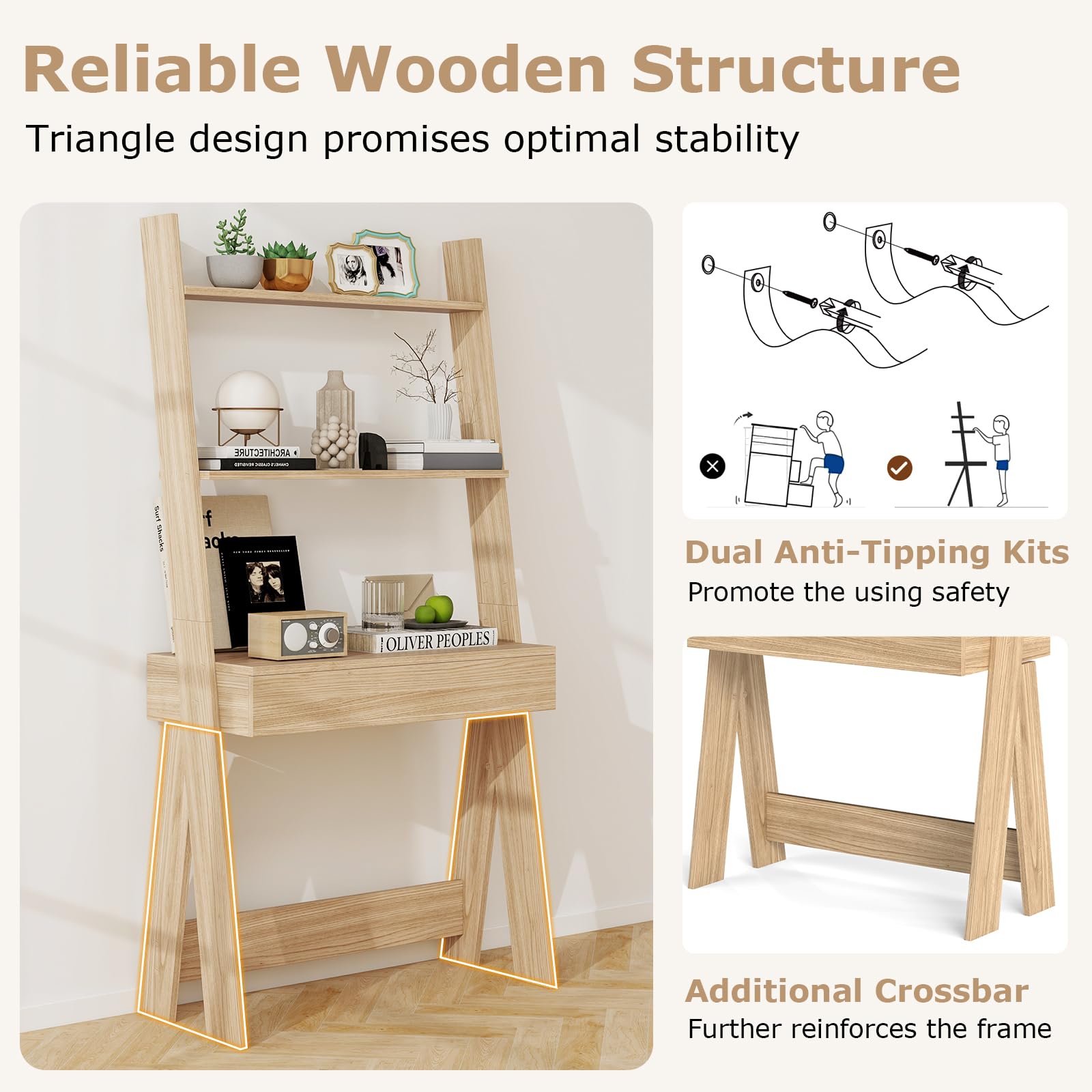 Giantex 3-Tier Ladder Desk with Drawer | 33-Inch Wide Freestanding Bookshelf with Anti-Tipping Device | Natural Wood Leaning Computer Desk with Shelves for Small Spaces | Perfect for Home Office, Dorm Room & Apartment Workspace