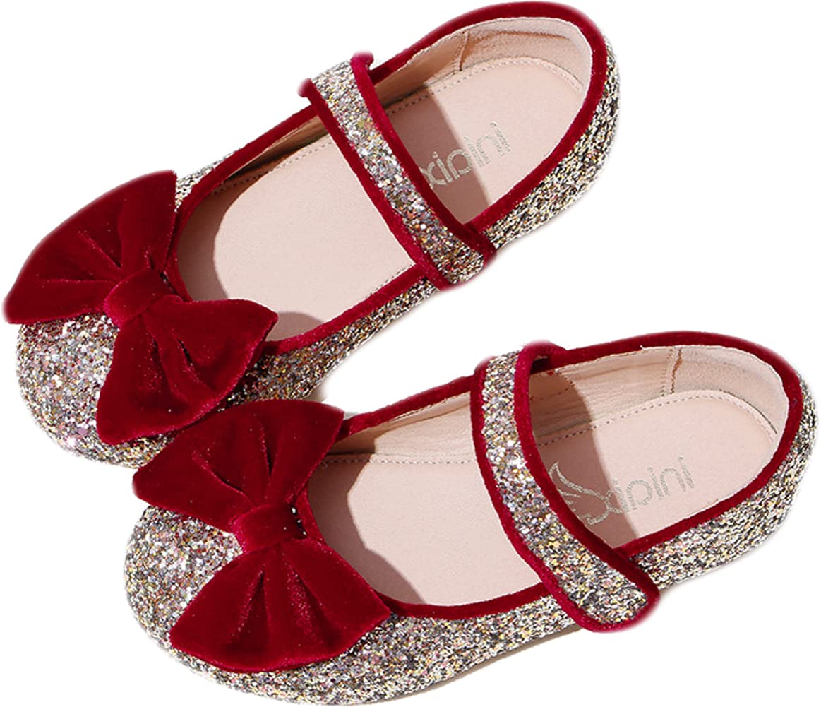 Girls Ballet Flats - Red Princess Shoes with Bow Knot & Sequin Details | Soft Sole Casual Shoes for Toddlers & Kids | Perfect for Dance Class, Birthday Parties & Everyday Wear