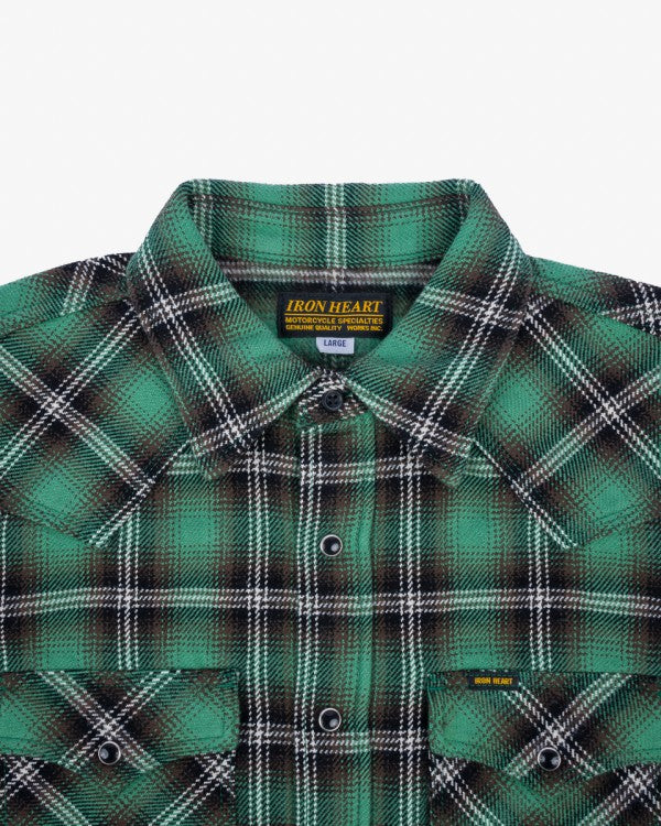 Iron Heart IHSH 405 12oz Ultra Heavy Flannel Check Western Shirt for Men - Green Plaid Workwear Shirt - Durable Outdoor & Casual Wear for Ranch, Camping & Fall Fashion