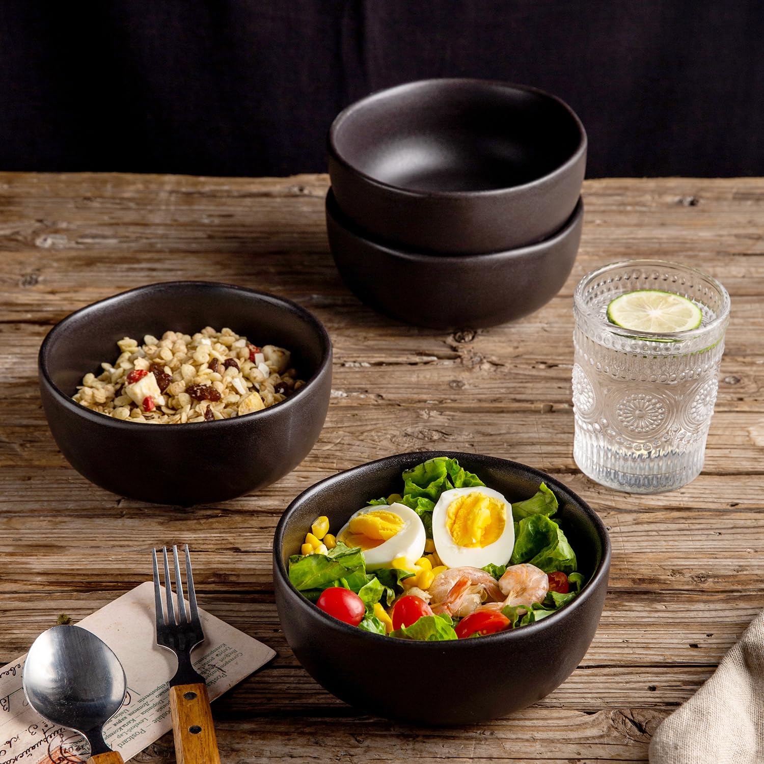 AmorArc 28oz Stoneware Cereal & Soup Bowls Set of 4 - Microwave, Oven & Dishwasher Safe Ceramic Kitchen Bowls with Wavy Rim - Matte Black for Breakfast, Lunch & Dinner Serving