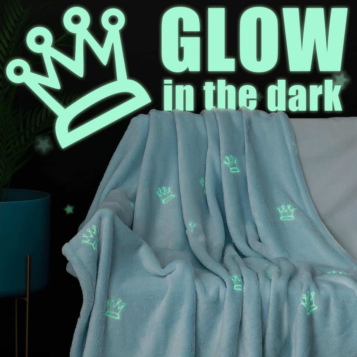 Glow in The Dark Blue Crown Throw Blanket - 40x60 Inch Lightweight Flannel Fleece Blanket for Nursery, Couch & Bed Decor - Perfect Gift for Girls, Boys, Babies & Kids - All Seasons Cozy Blanket for Movie Nights, Camping & Home Decor