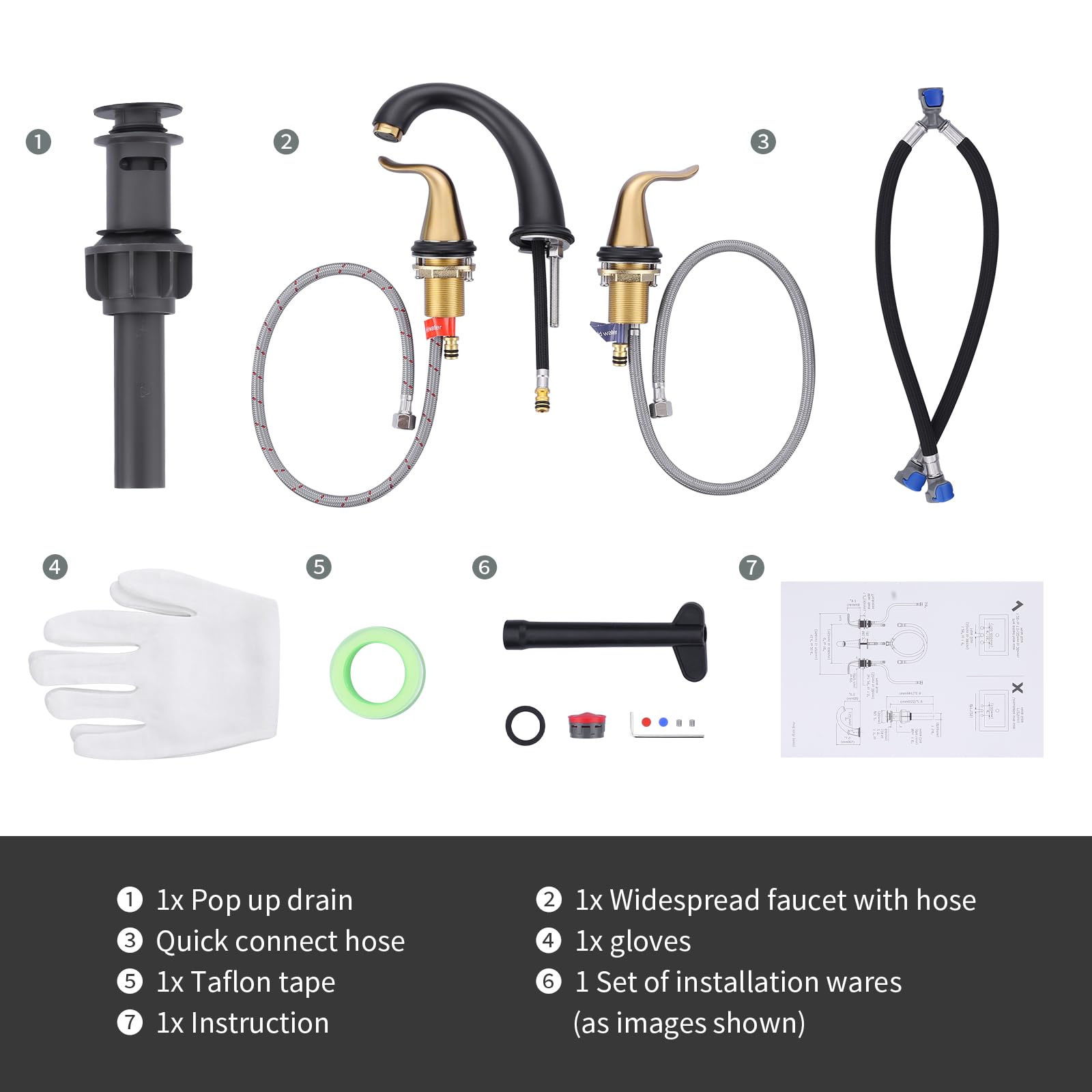 WOWOW Black and Gold 8-Inch Widespread Bathroom Sink Faucet - 3 Hole Vanity Faucet with 2 Handles, Pop-Up Drain & Supply Hose - Perfect for Modern Bathroom Renovation & Luxury Home Decor