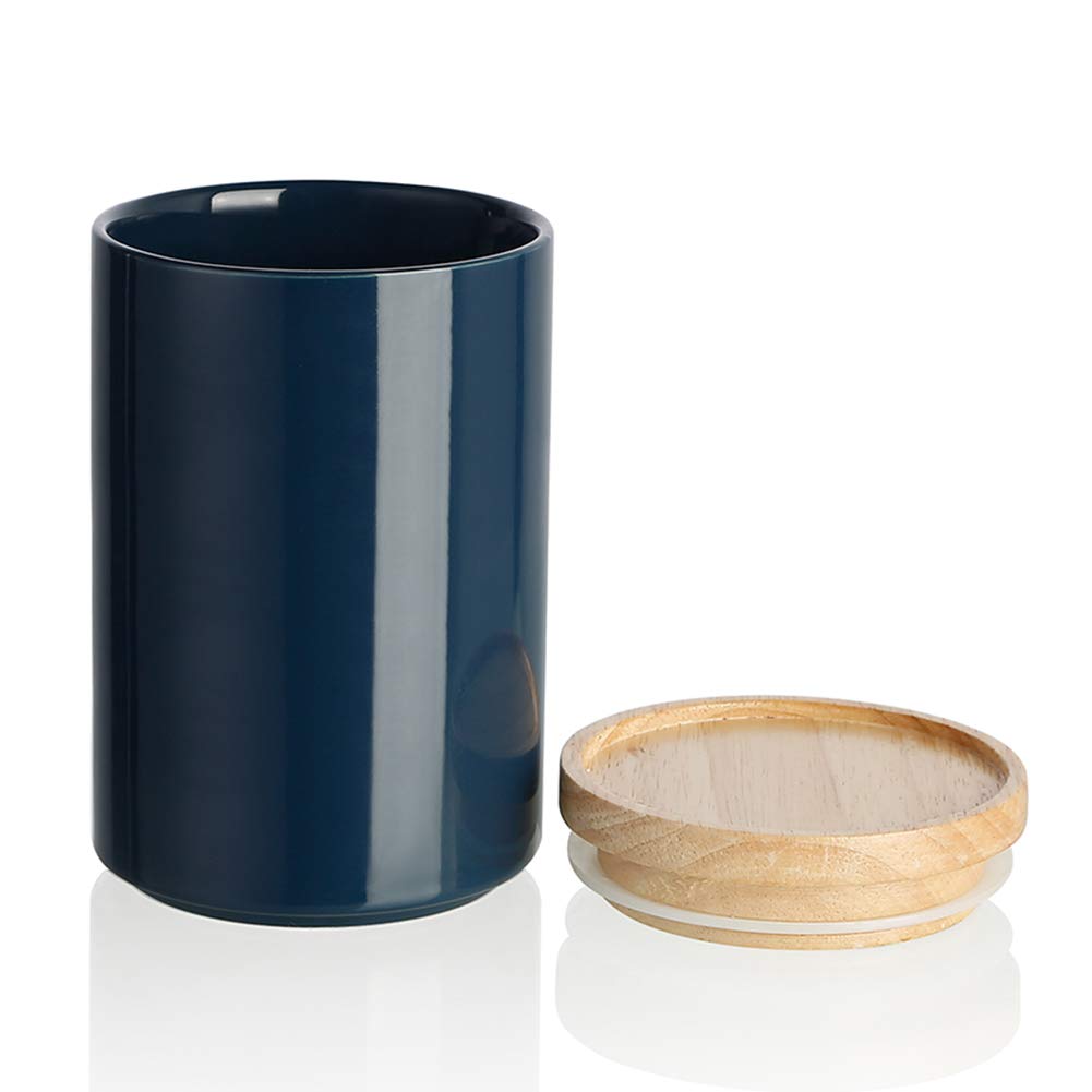 Premium Ceramic Food Storage Canisters with Airtight Wooden Lid - 28oz Stackable Kitchen Containers for Coffee, Tea, Sugar, Salt & Spices | Ideal for Pantry Organization & Countertop Display (Navy Blue)