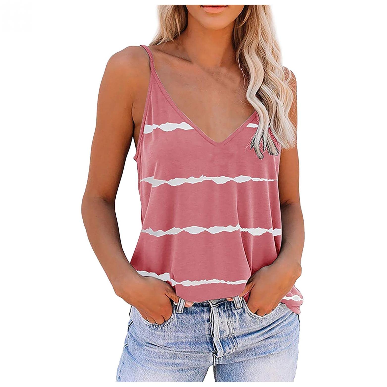 Women's Summer Fashion Stripe Tank Top - V Neck Sleeveless Casual Loose Tunic Blouse for Beach, Vacation & Everyday Wear