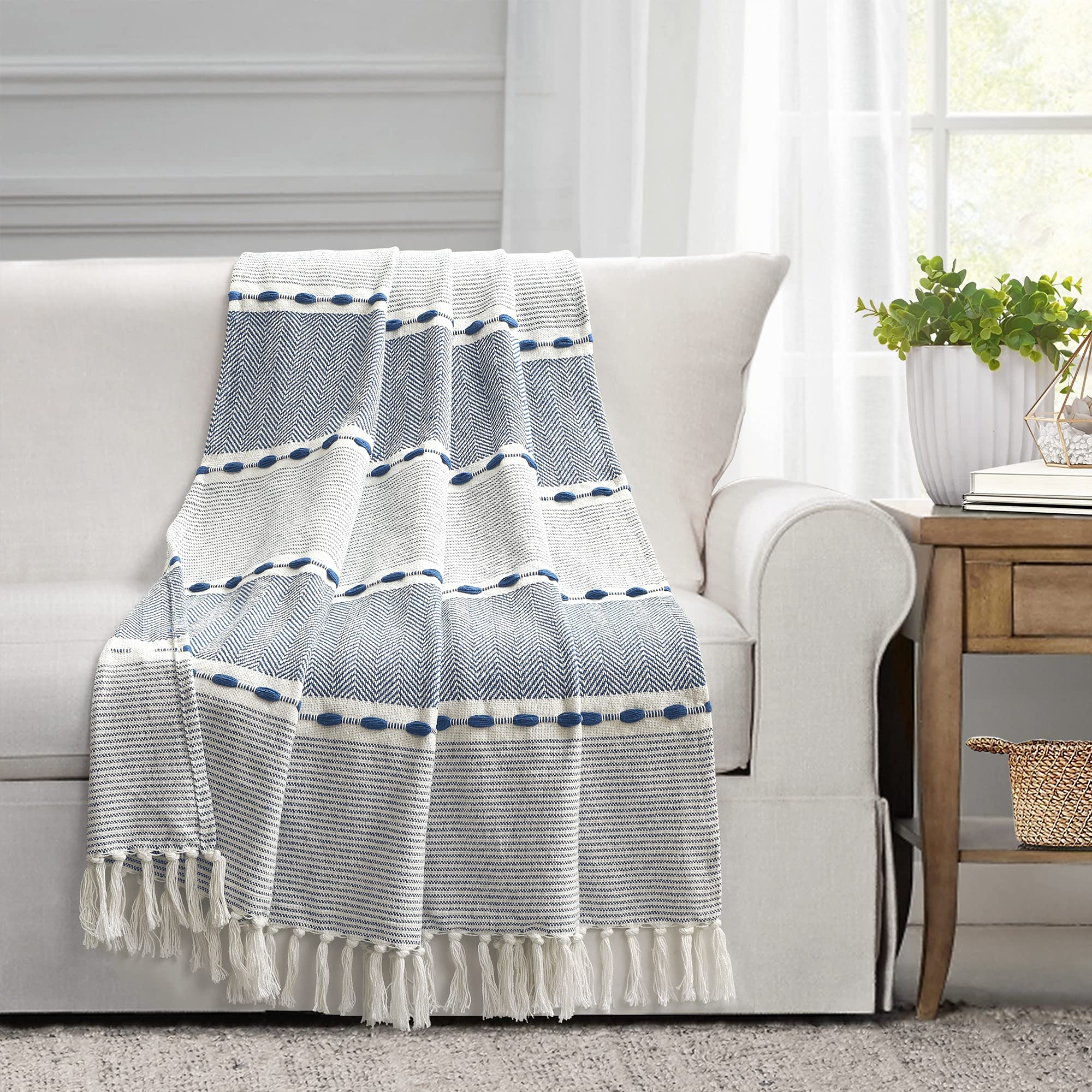 Lush Decor Soft Cotton Woven Tassel Blanket - Navy Herringbone Stripe Throw (50