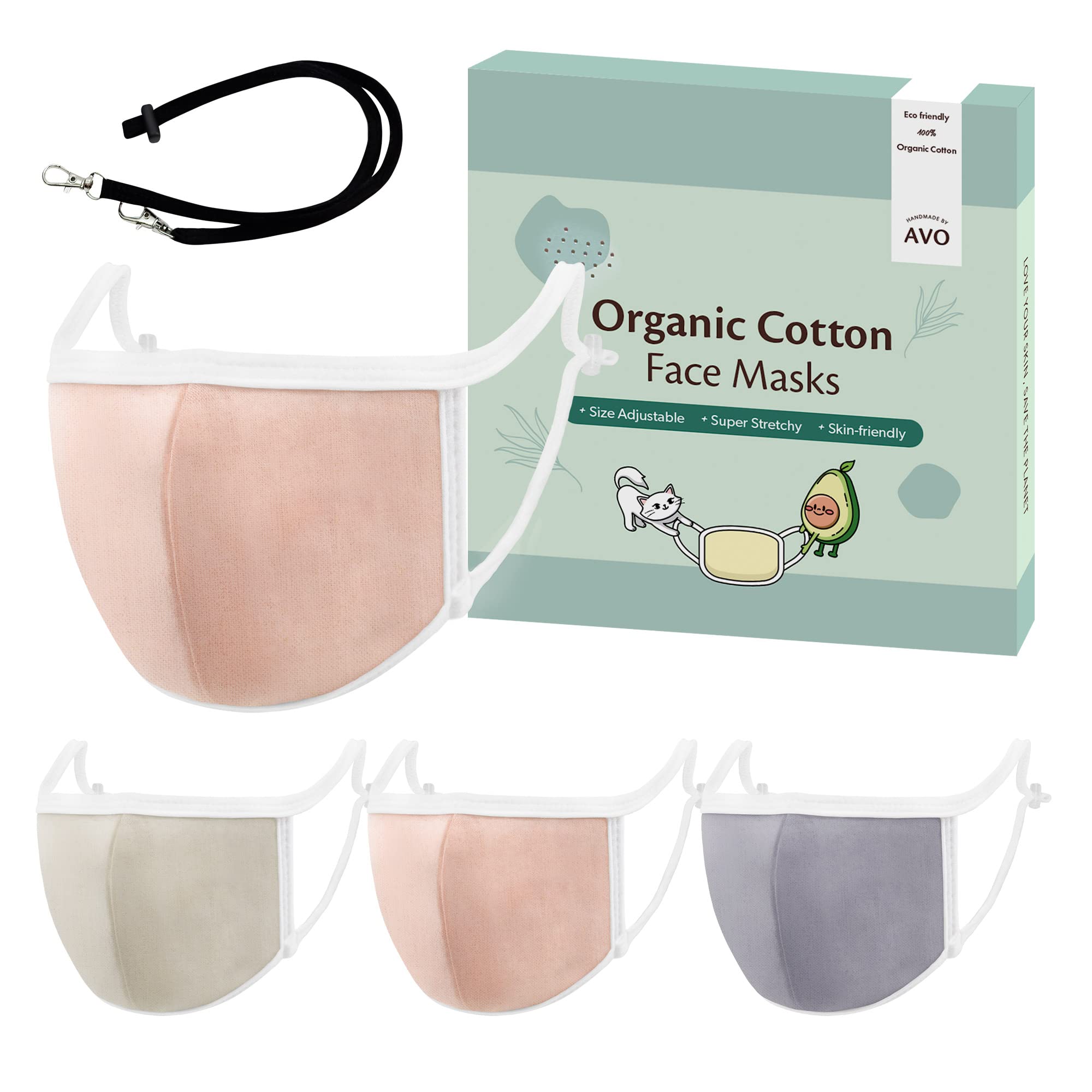 AVO Handmade 3-Pack 100% Organic Cotton Reusable Face Masks with Lanyard - Breathable, Washable Black Masks for Adults | Perfect for Travel, Work & Daily Protection