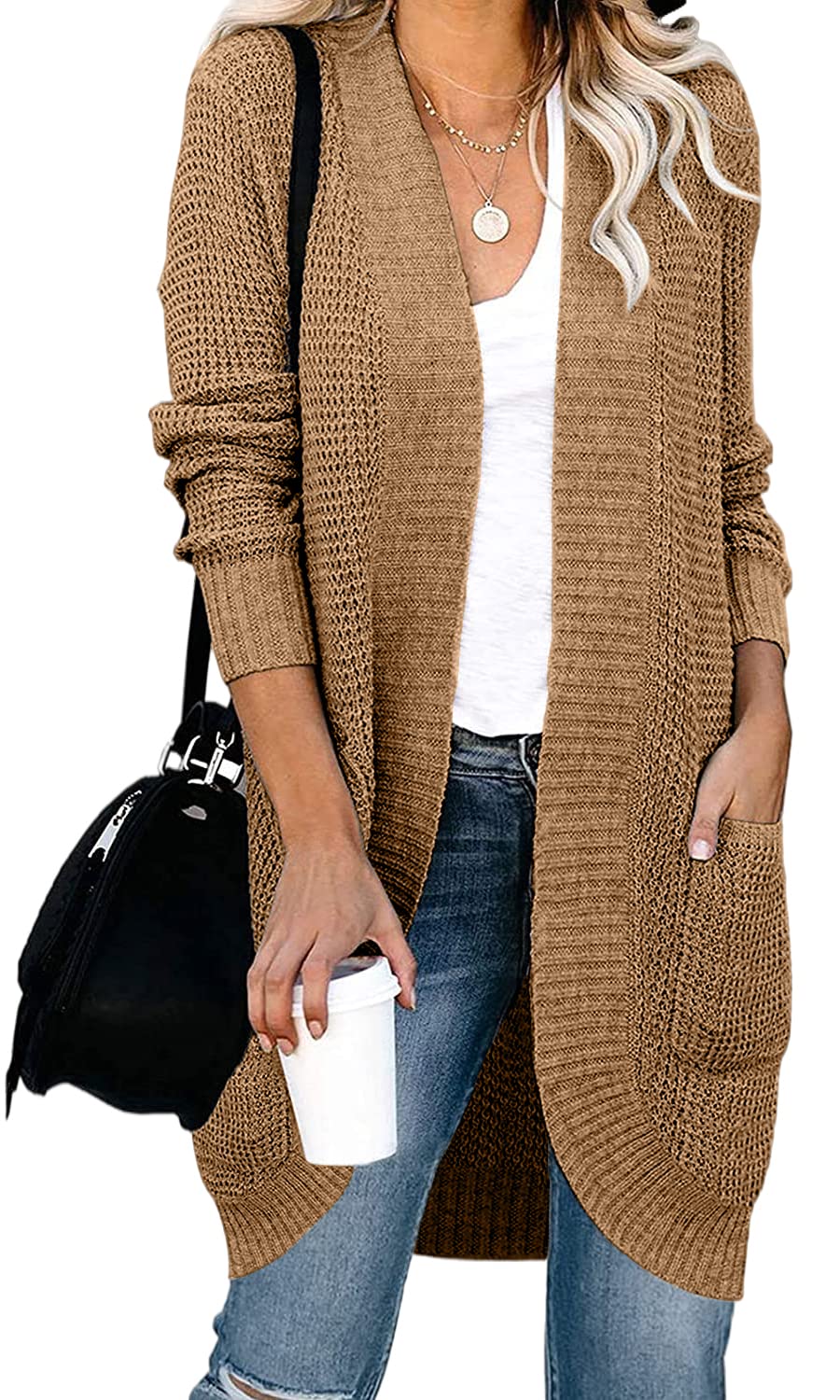 Jollycode Women's Lightweight Waffle Knit Long Sleeve Open Front Cardigan Sweater - Loose Draped Coat with Pockets for Casual Wear, Office & Layering