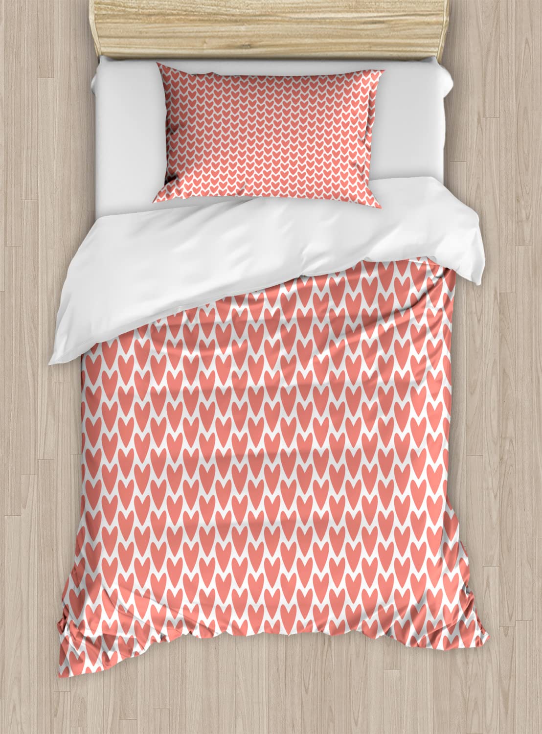 Ambesonne Pink and White Duvet Cover Set - Romantic Monochrome Heart Pattern Bedding (2 Duvet Covers + 2 Pillowcases) Twin Size 2-Pack - Perfect for Valentine's Day, Anniversary Gifts & Master Bedroom Decor