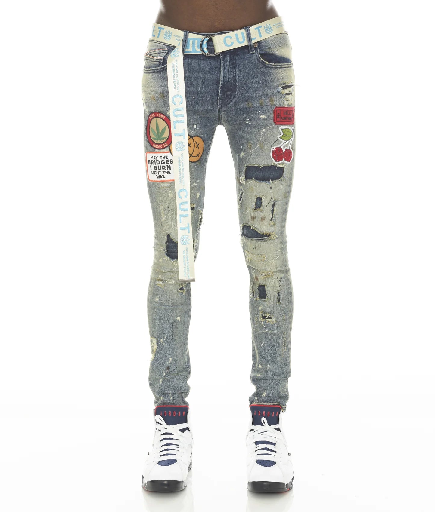 CULT OF INDIVIDUALITY Punk Super Skinny Stretch Jeans with Beet Red Belt - Edgy Rocker Style for Concerts & Nightlife
