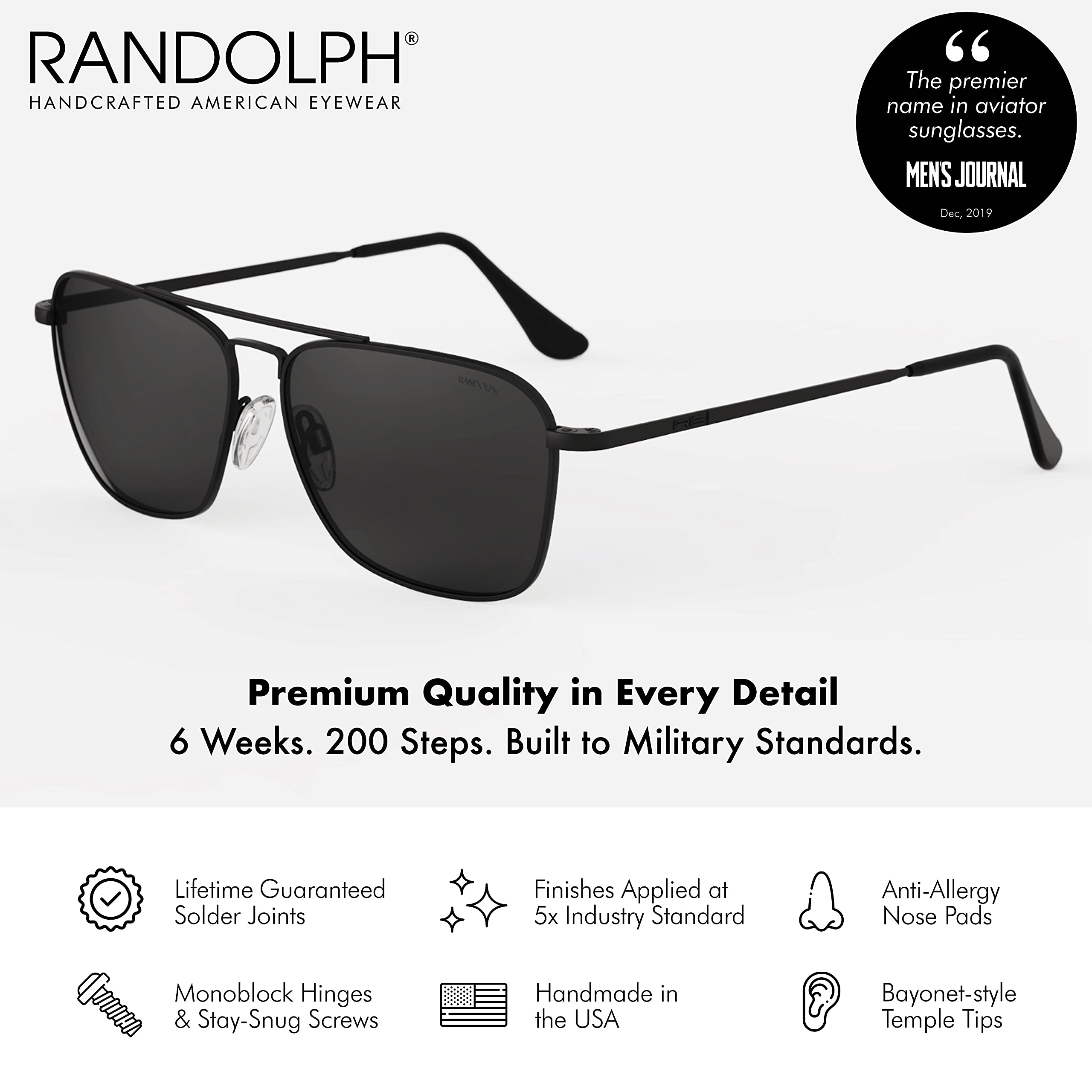 Randolph USA Intruder Rectangular Classic Aviator Sunglasses for Men - Non-Polarized 100% UV Protection - Perfect for Driving, Outdoor Activities & Fashion Accessories