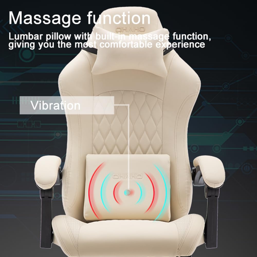 OHAHO Ergonomic Gaming Chair with Adjustable Lumbar Support & Footrest - 360° Swivel Height Adjustable Office Computer Chair with Headrest for PC Gamers & Home Office Workers (Beige) - Perfect for Long Gaming Sessions & Remote Work Comfort