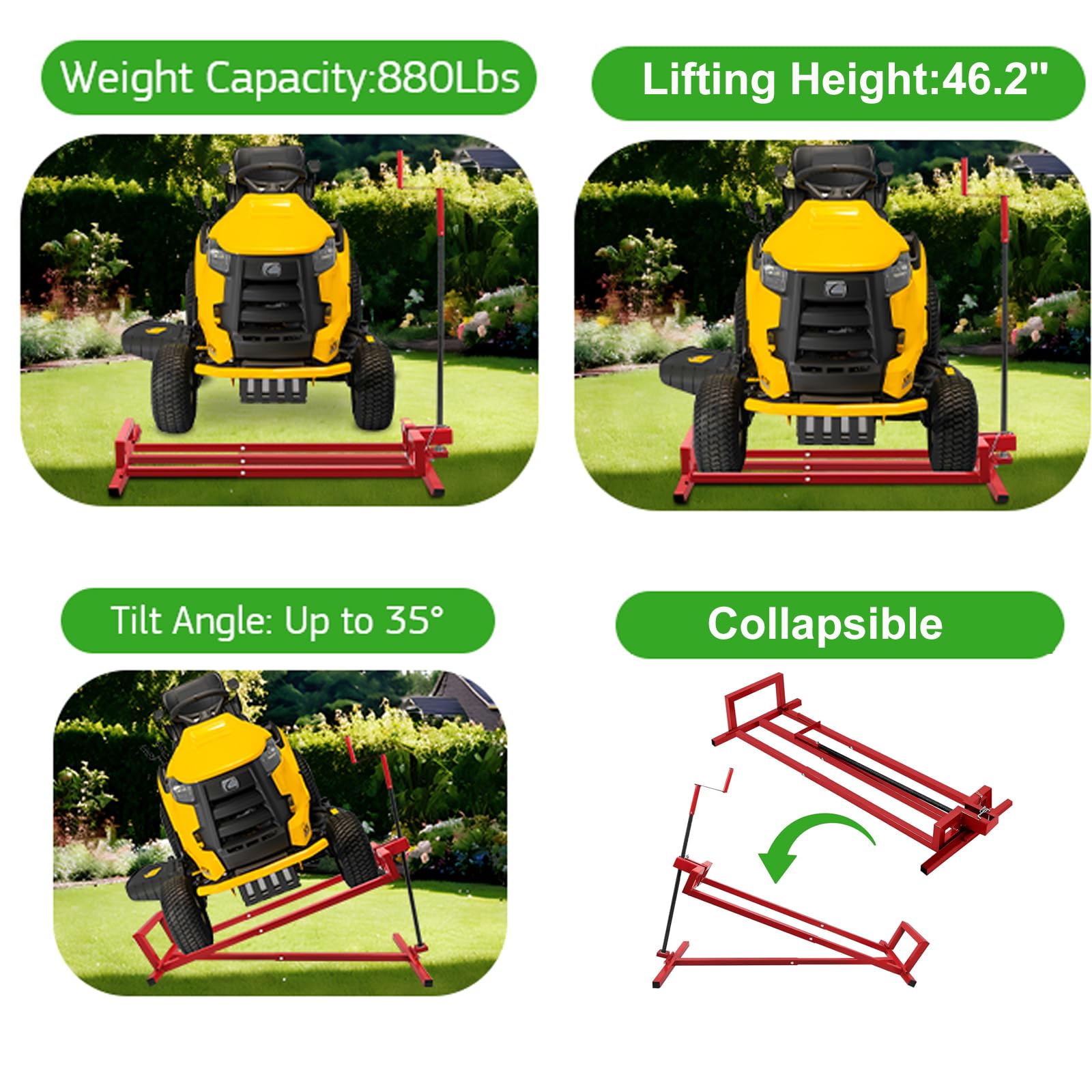 Heavy Duty 880 Lbs Capacity Lawn Mower Lift Jack - Manual & Power Tool Extension Handles, Foldable Design for Ride-On Mowers & Garden Tractors (Red) - Perfect for Garage Maintenance, DIY Repairs & Lawn Equipment Storage