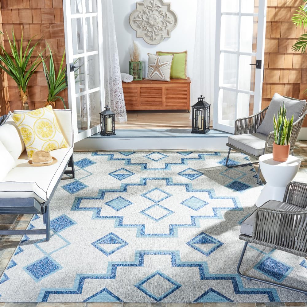 SAFAVIEH Courtyard Collection 8' x 11' Grey/Aqua Indoor Outdoor Waterproof Rug - Easy to Clean, Stain Resistant for Patio, Backyard, Mudroom, Deck & Poolside Use