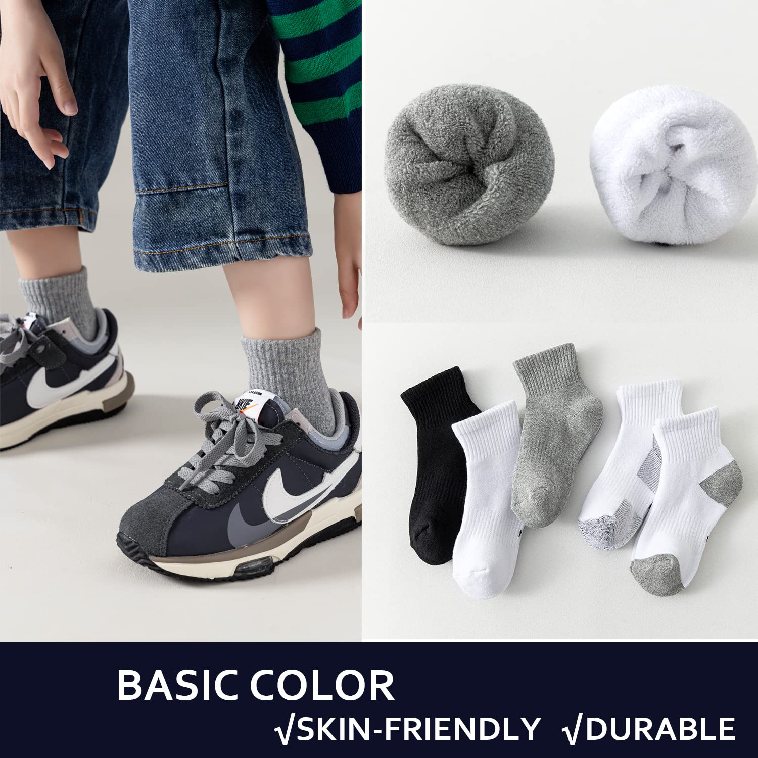 EPEIUS Kids Boys Girls Cushioned Athletic Socks - 6 Pack Thick Cotton Quarter Socks for Running, Sports & Daily Wear - Comfortable Ankle Socks for Children Ages 4-14 Years - Perfect for School, Playground & Outdoor Activities