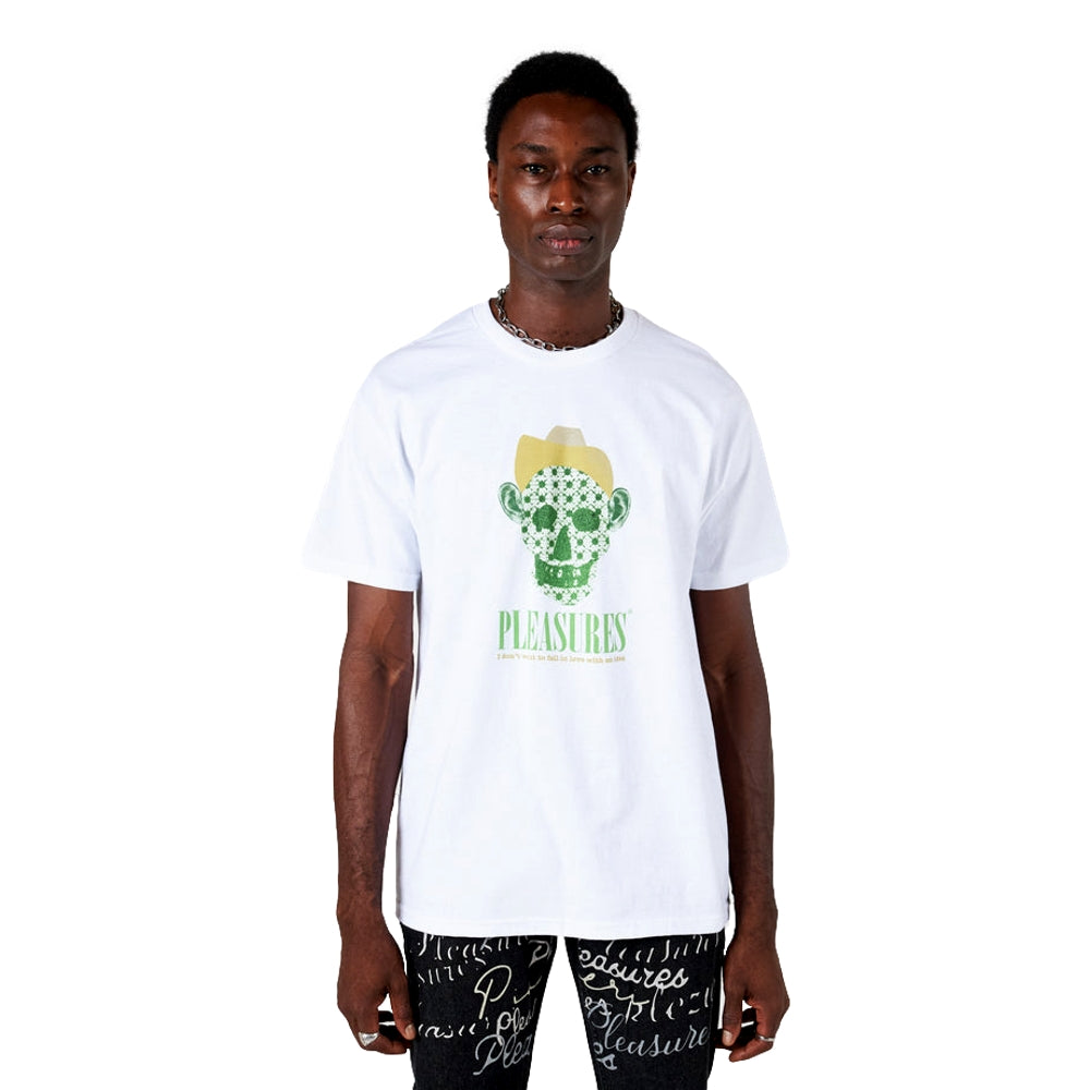 PLEASURES Cowboy Graphic T-Shirt for Men - White Cotton Tee with Vintage Western Design | Perfect for Casual Wear, Music Festivals & Street Style Outfits