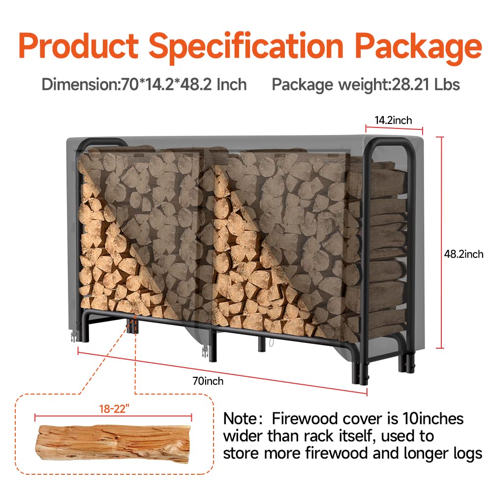 AMAGABELI Heavy-Duty 6ft Outdoor Firewood Rack with Waterproof Cover - Log Holder for Fireplace, Fire Pit & Wood Storage - Durable Black Steel Firewood Organizer for Patio, Backyard & Camping Use
