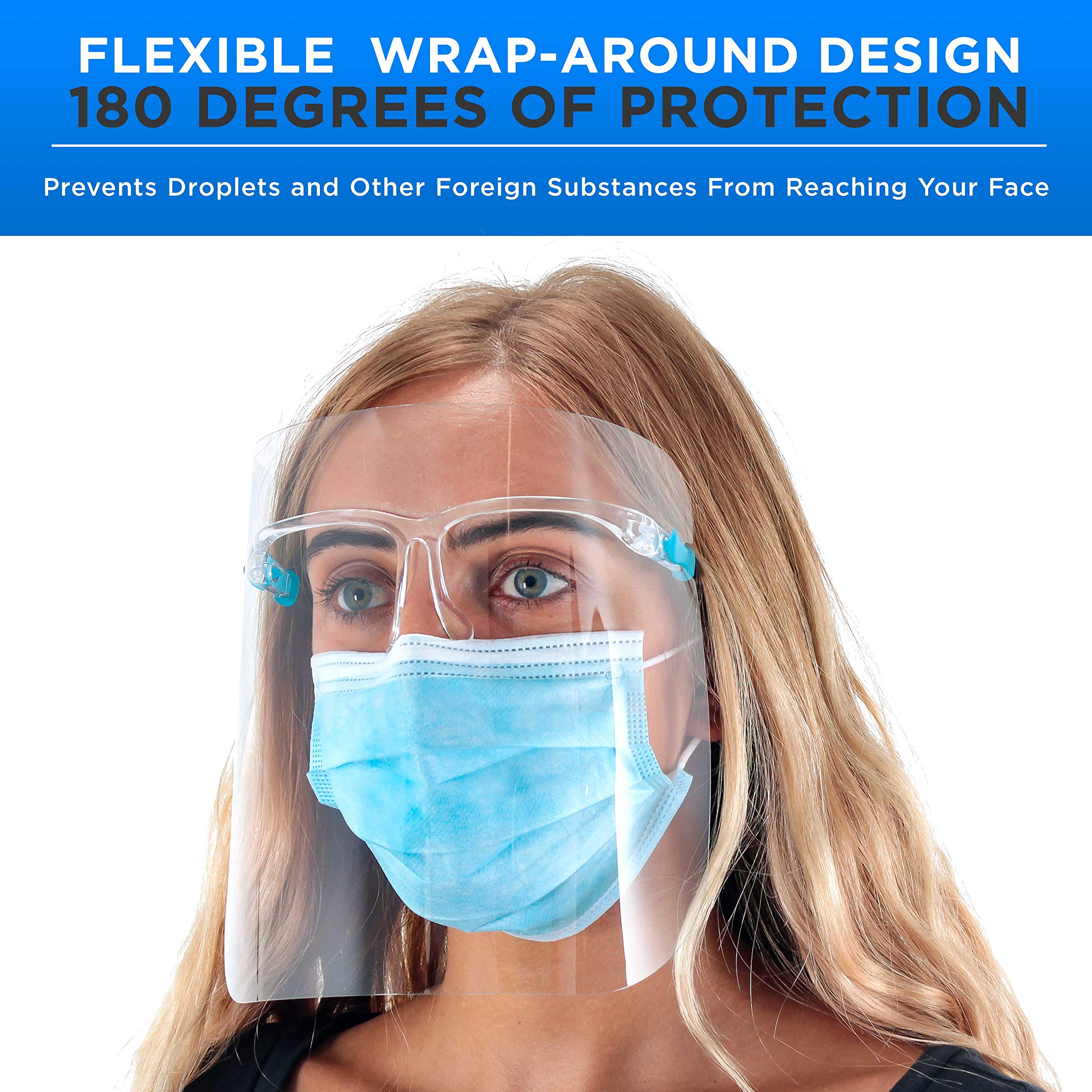 TCP Global Salon World Safety 500 Face Shields with Glasses Frames (20 Packs of 25) - Ultra Clear Anti-Fog PET Plastic Face Protection for Eyes, Nose & Mouth - Sanitary Droplet Guard for Salon, Medical, Construction & Industrial Use