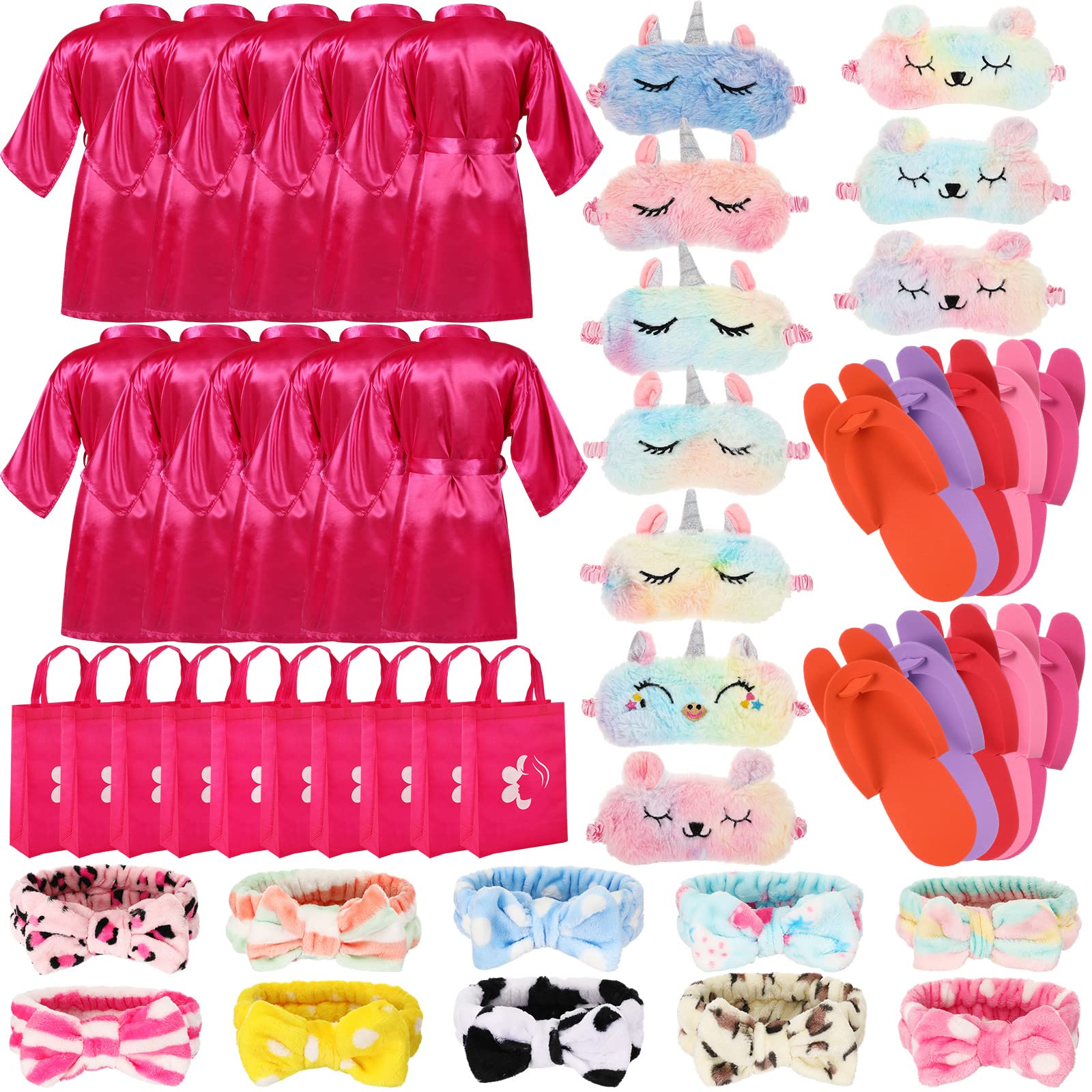 Bonuci 50 Pcs Spa Party Supplies for Girls - 10 Satin Robes & 10 Kids Slippers - Perfect for Sleepovers, Birthday Parties & Spa Themed Events | Great for Girls' Night, Pampering Parties & Relaxation Gifts