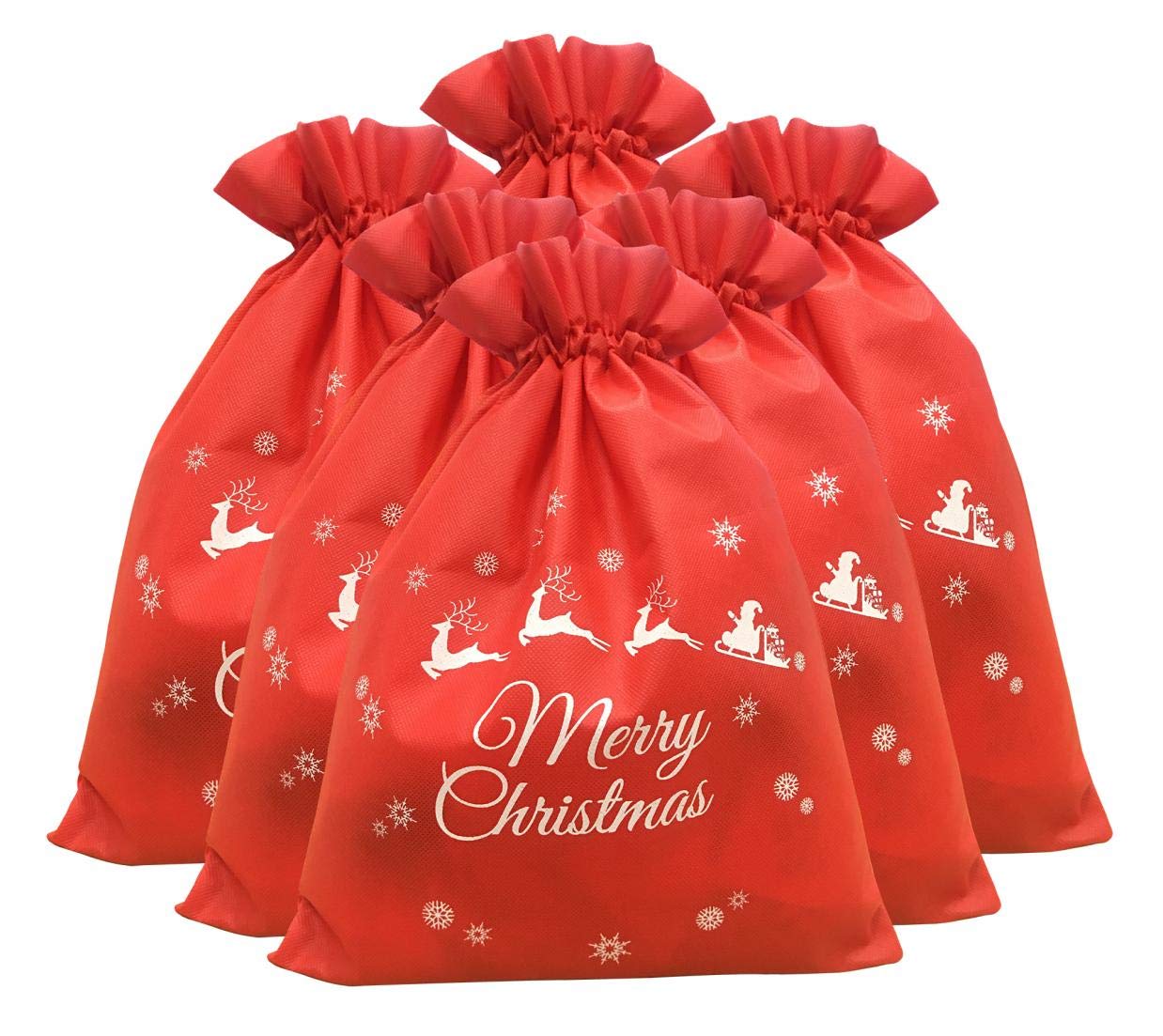 TIENO Christmas Drawstring Gift Bags - 6 Pack Red Holiday Bags 11.8x15.7 Inches for Christmas Presents, Party Favors & Stocking Stuffers