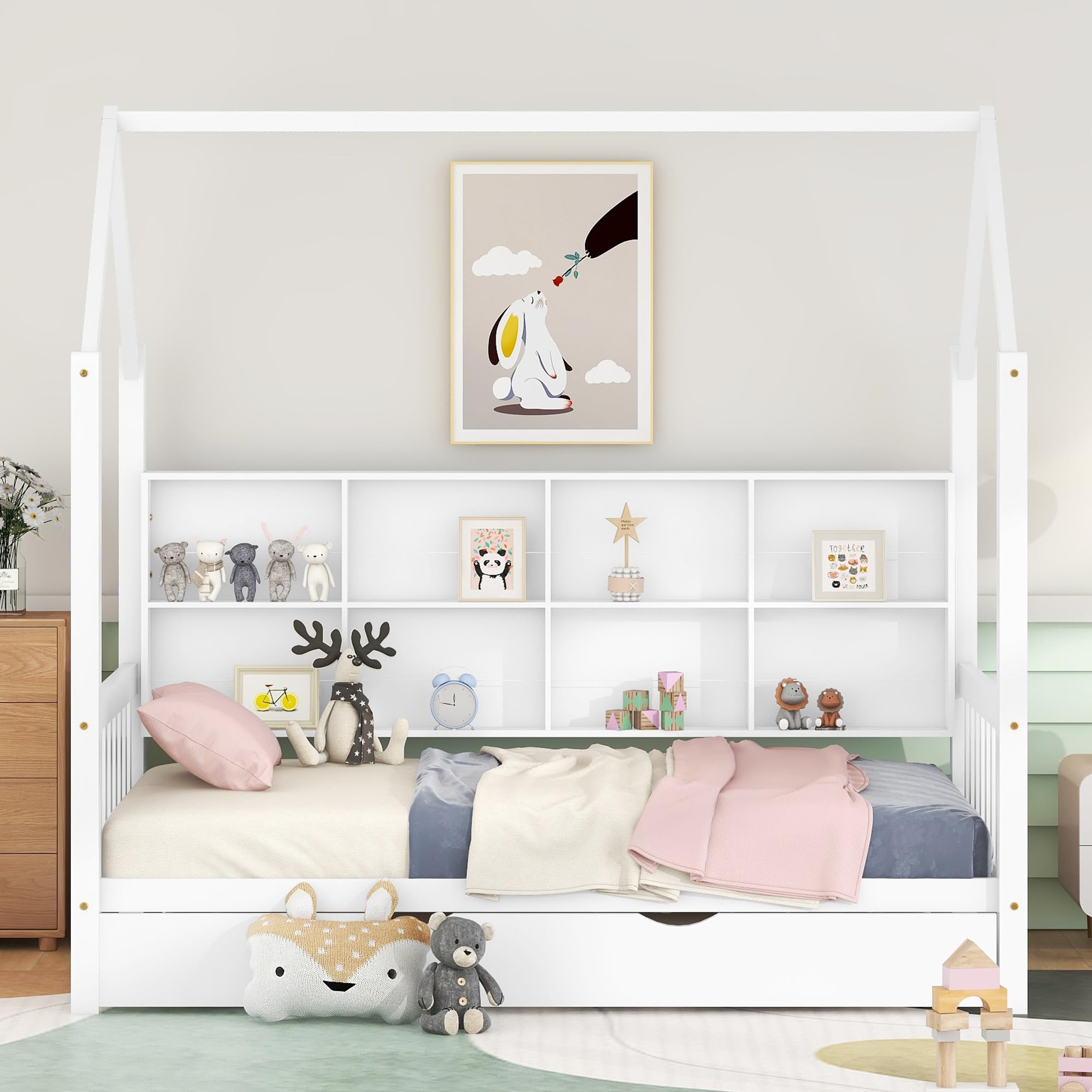 Harper & Bright Designs Twin Size House Bed with Trundle - Solid Wood Twin House Bed Frame with Storage Shelf, Playhouse Bed for Kids & Toddlers (Girls & Boys), No Box Spring Needed, White - Perfect for Bedroom, Playroom & Nursery Decor