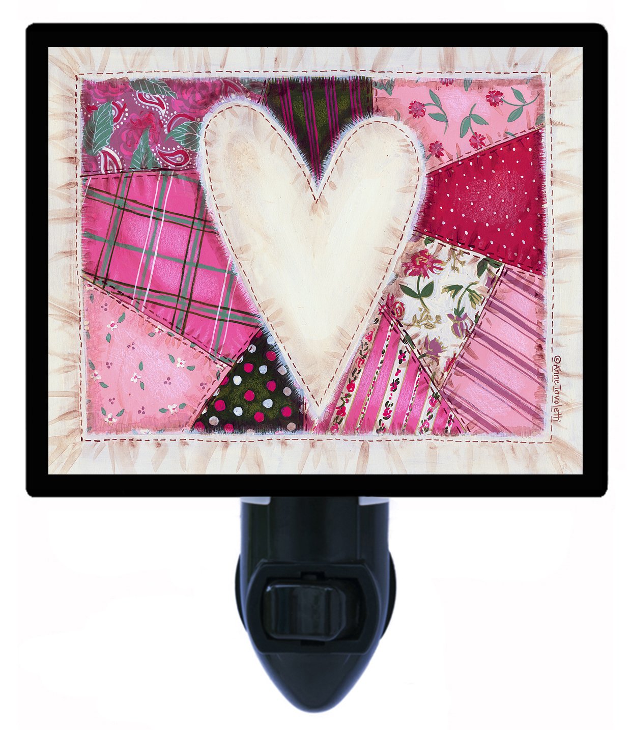 Country & Folk Style Night Light with Heart Quilt Design - Handmade Sewing Decor for Cozy Bedroom, Nursery, or Living Room Ambiance