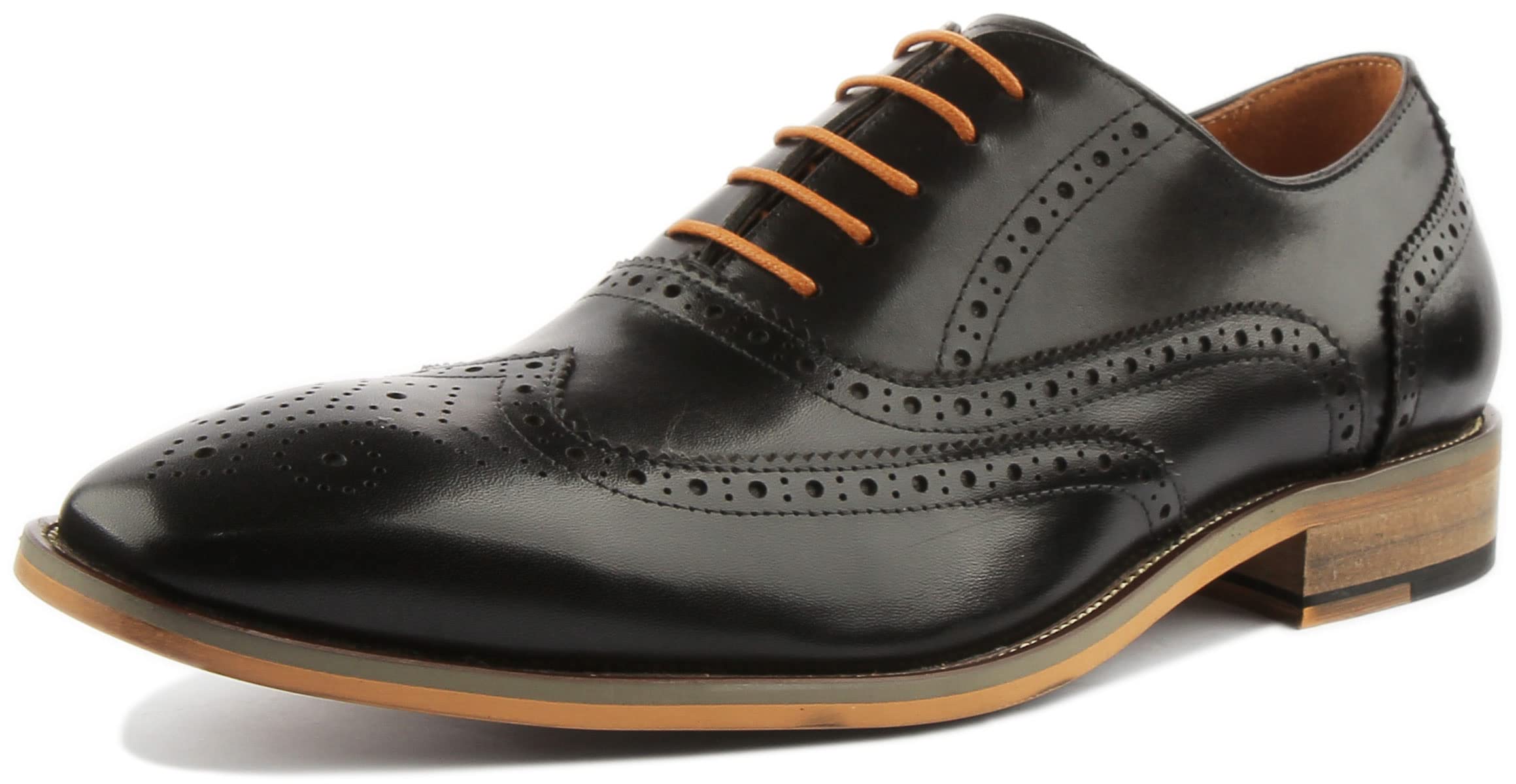 Justin Reess England Men's Black Brogue Smart Lace-Up Shoes - Size 13, Pointed Toe Oxford Dress Shoes for Business, Office & Formal Occasions