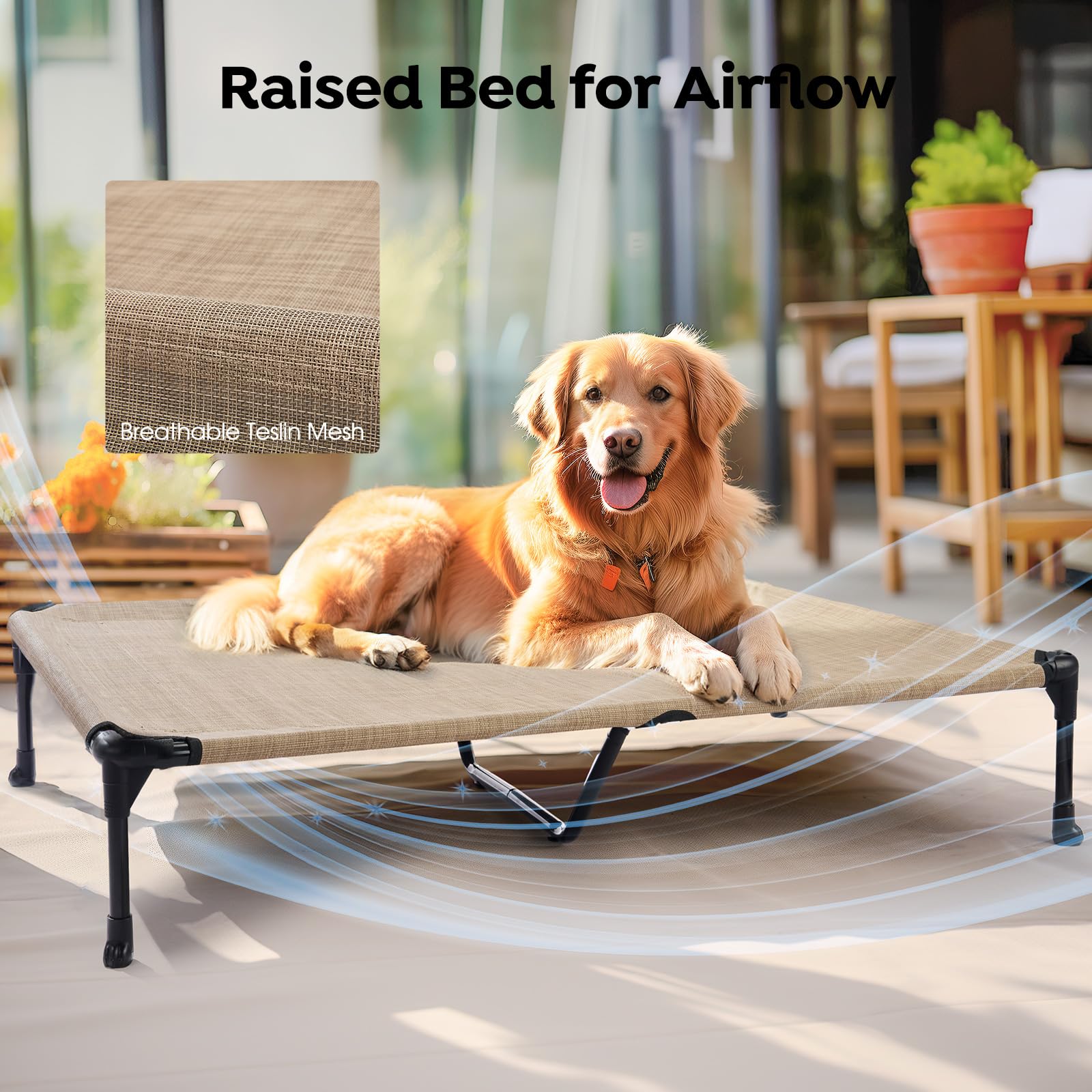 Veehoo Cooling Elevated Dog Bed with Removable Waterproof Bolster Cushion - Breathable Mesh Pet Cot with Non-Slip Feet for Indoor & Outdoor Use - 59x37.5 Inch Beige Dog Couch (CWC2331B) - Perfect for Hot Weather, Patio Lounging & Kennel Comfort