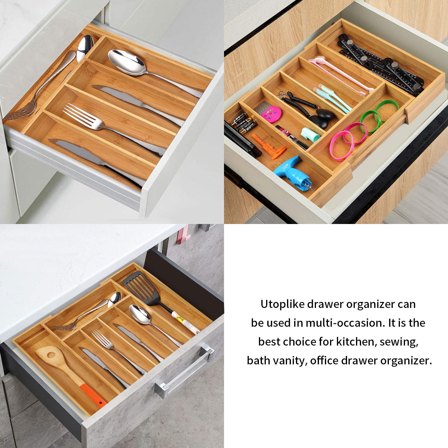**Utoplike Bamboo Cutlery Tray & Silverware Organizer - Kitchen Drawer Divider for Knives, Utensils, Gadgets & Garage Tools - Office Supplies Storage Solution for Home & Office**    *(Perfect for organizing kitchen drawers, decluttering utensils, storing garage tools, or keeping office supplies neatly arranged.)*