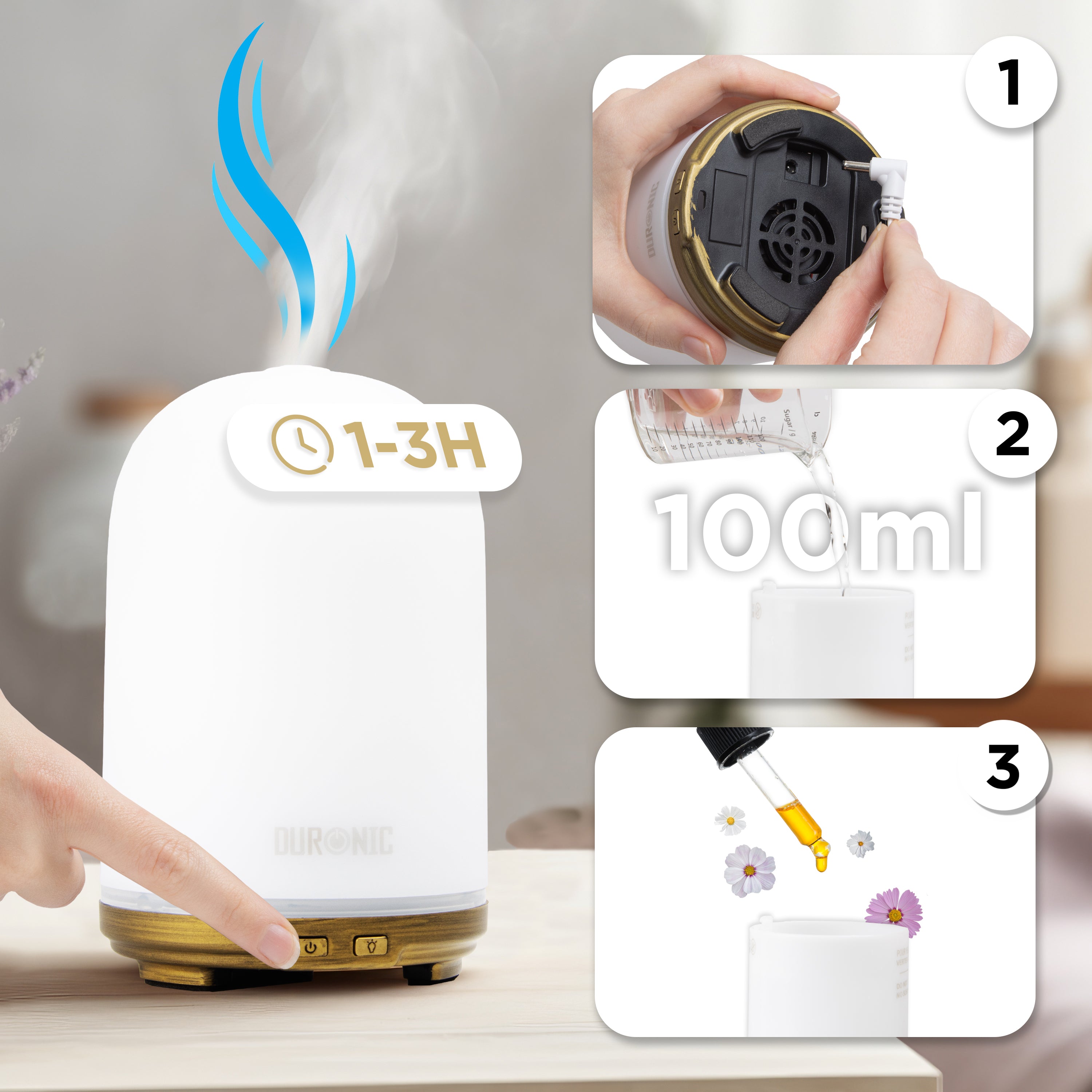 Duronic AD11 100ml Ultrasonic Essential Oil Diffuser - Compact Aromatherapy Device with 7 Color LED Lights for Home, Office, Bedroom & Spa | Perfect for Relaxation, Sleep & Air Humidification