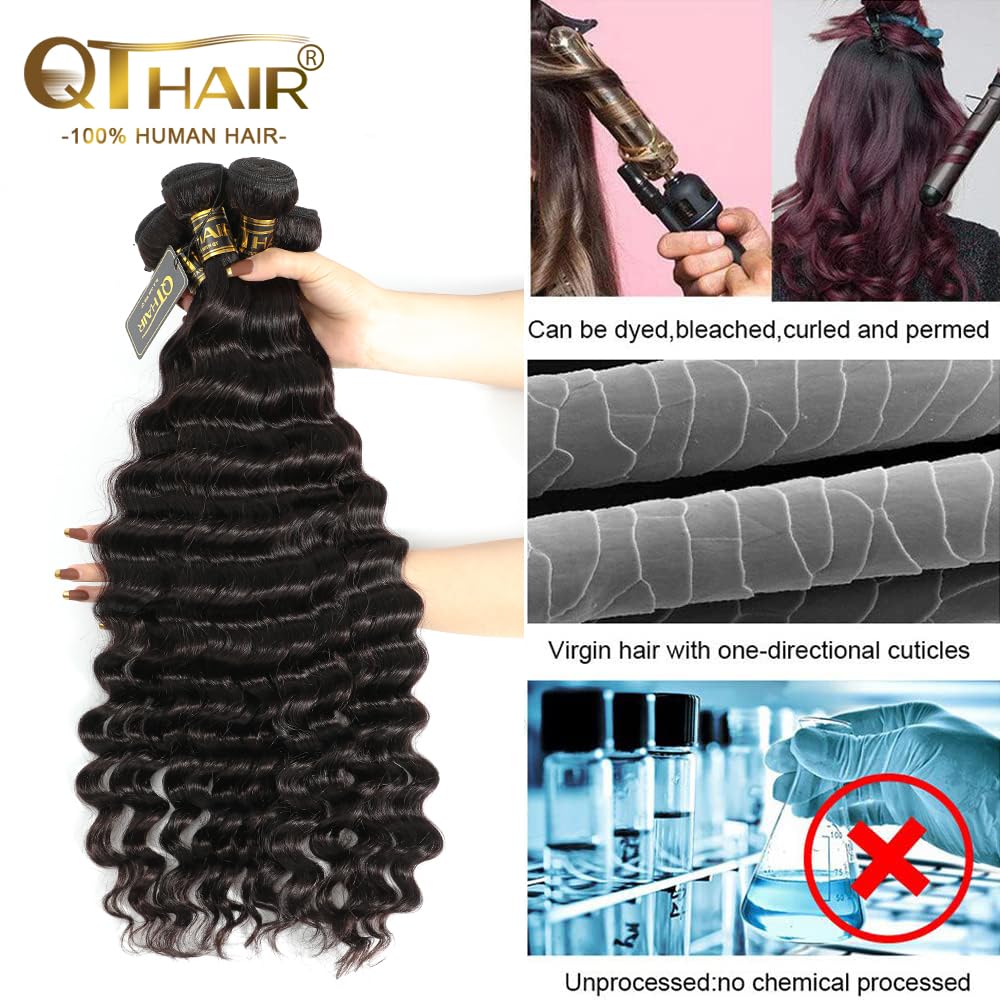 QTHAIR 100% Peruvian Virgin Human Hair Bundles - 16 18 20 22 Inch Deep Wave Loose Curly Hair Extensions - 14A Grade Natural Black Color for Black Women - Perfect for Daily Wear, Styling & Protective Hairstyles