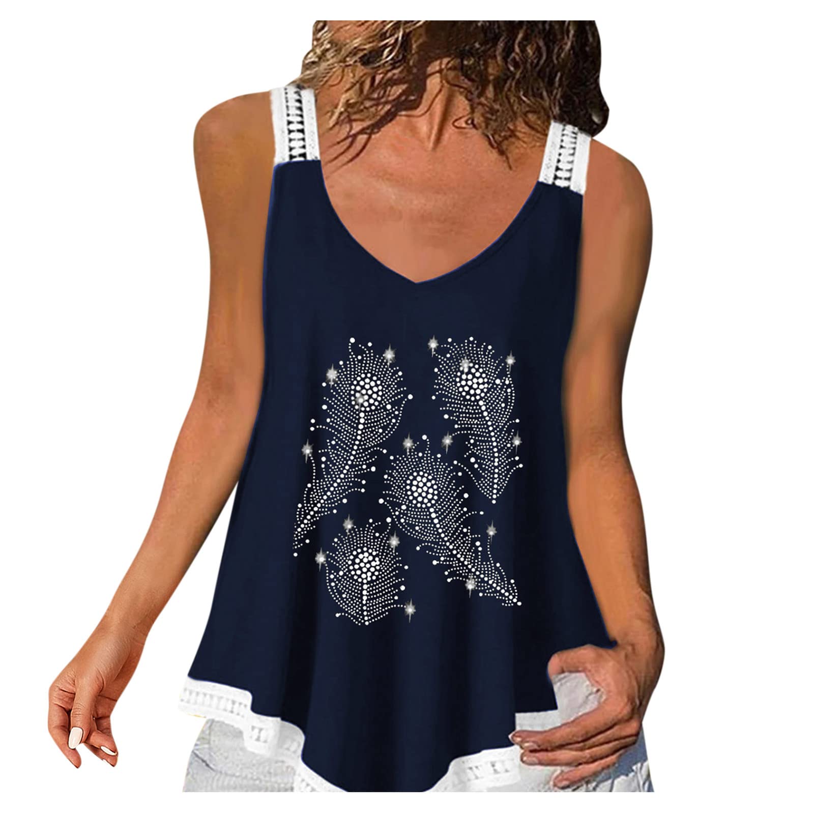 Women's Sleeveless Racerback Tank Top - Lace Trim Feather Diamond Print Irregular Cut Summer Casual Wear for Gym, Beach & Party Outfits