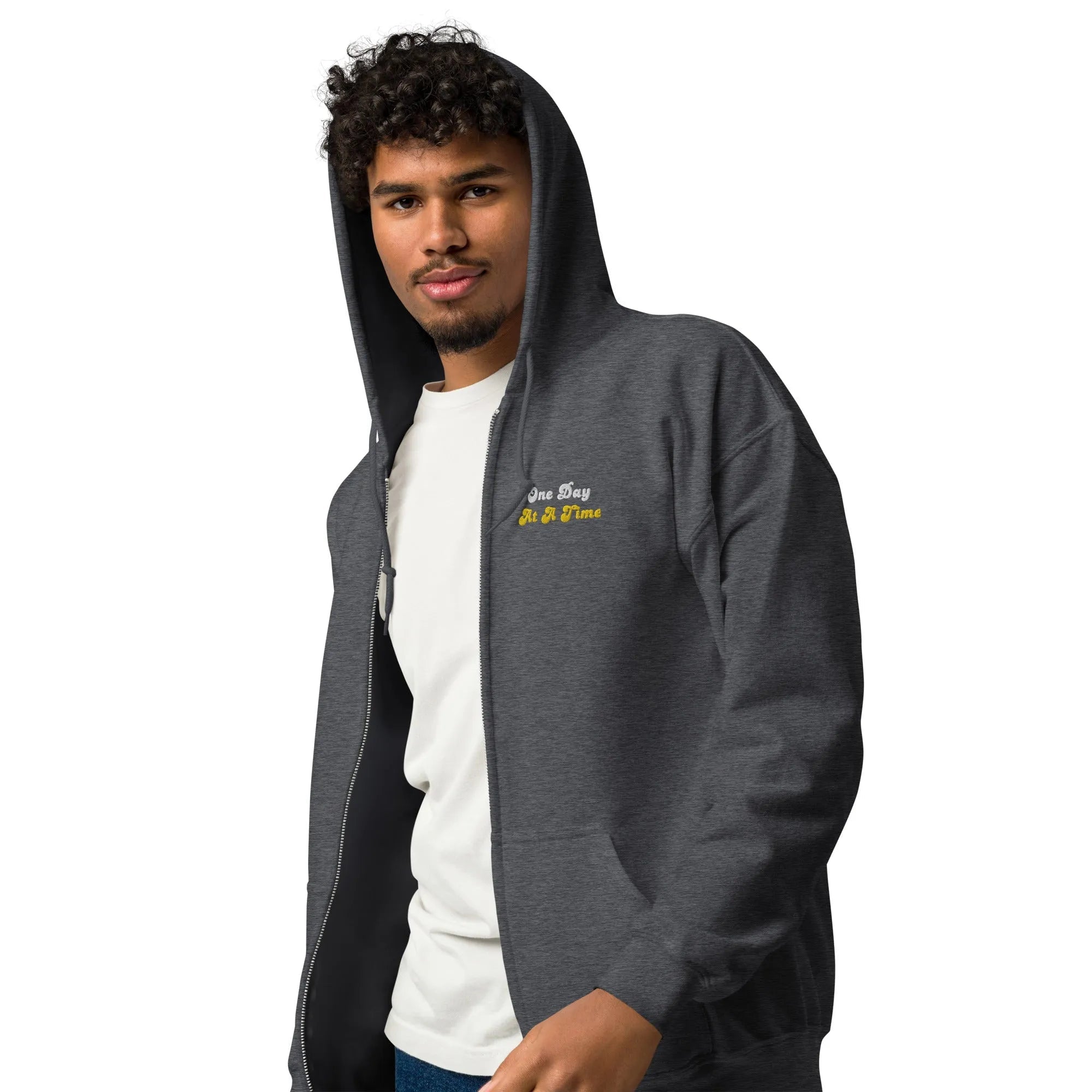 One Day At A Time Embroidered Zip Up Hoodie - Stylish Comfort for Everyday Wear, Perfect for Casual Outings and Relaxing at Home