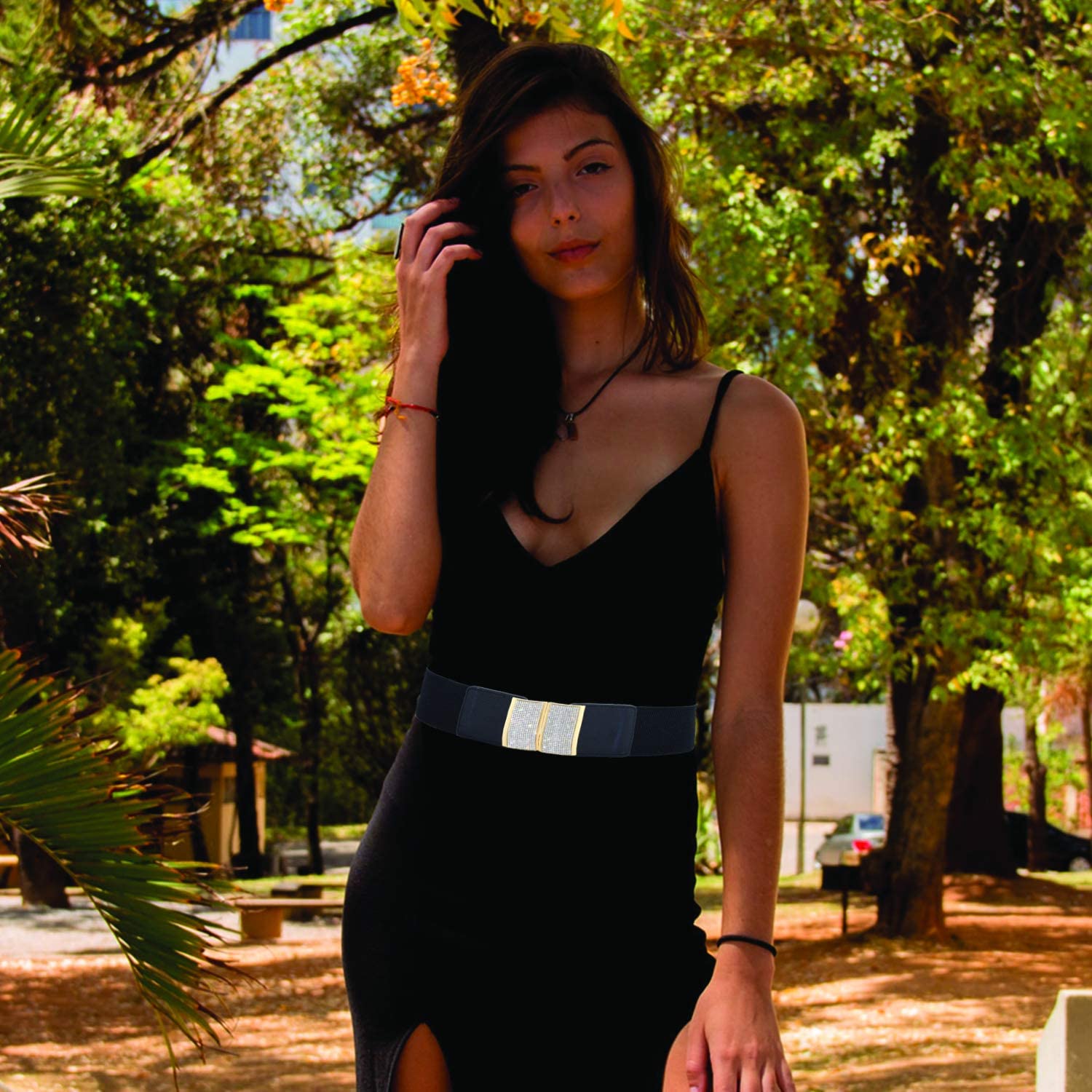 Black Elastic Waist Belt with Golden Buckle - Wedding & Formal Wear Accessory