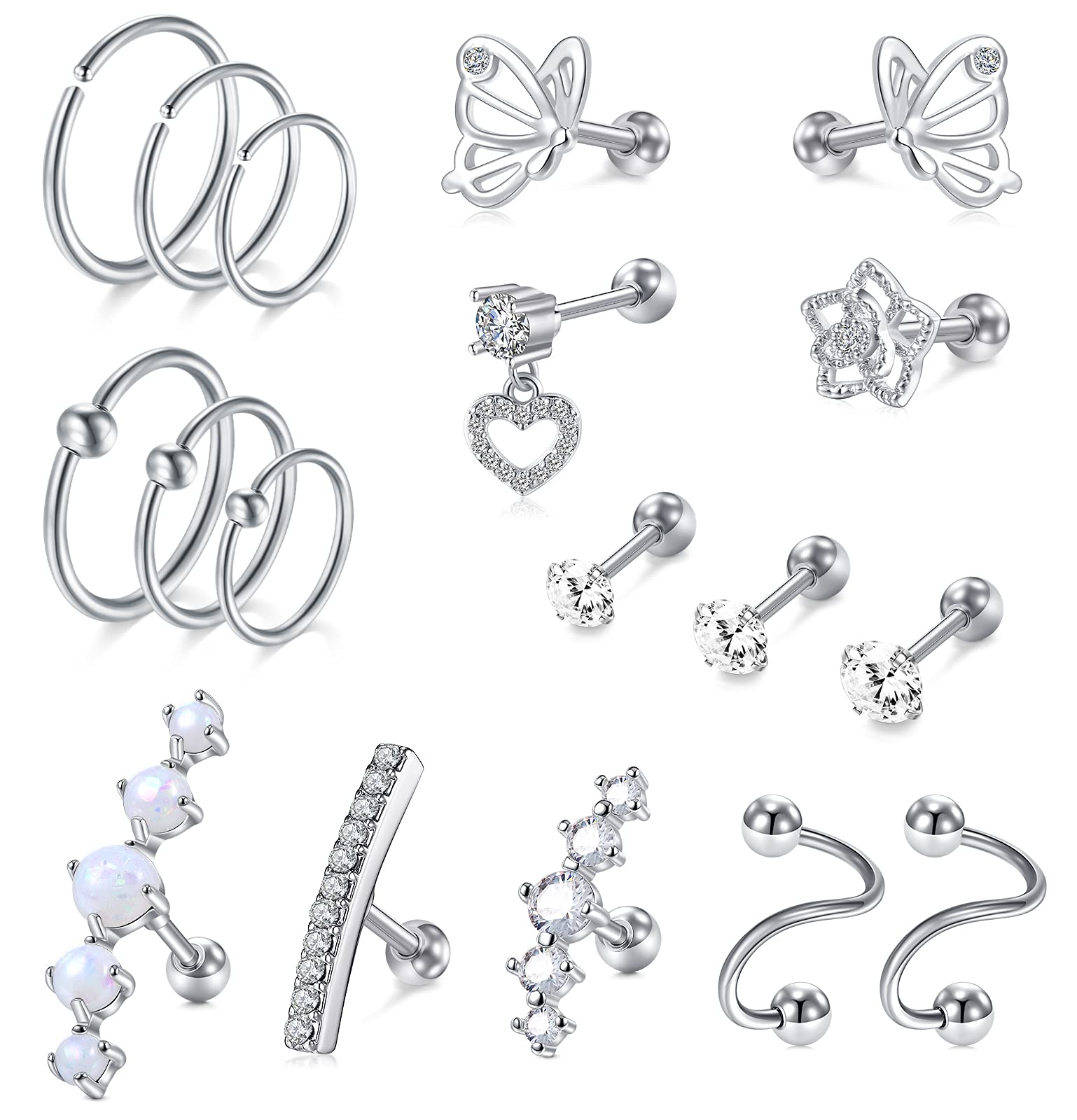 VCMart 16G Surgical Steel Cartilage Earrings - Stud Hoop Tragus Helix Conch Piercing Jewelry for Women | Hypoallergenic & Durable Body Jewelry for Everyday Wear & Special Occasions