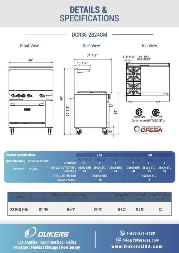 Dukers DCR36-2B24GM 36-Inch Commercial Gas Range with 2 Open Burners & 24-Inch Griddle - Natural Gas - Ideal for Restaurants, Diners & Commercial Kitchens