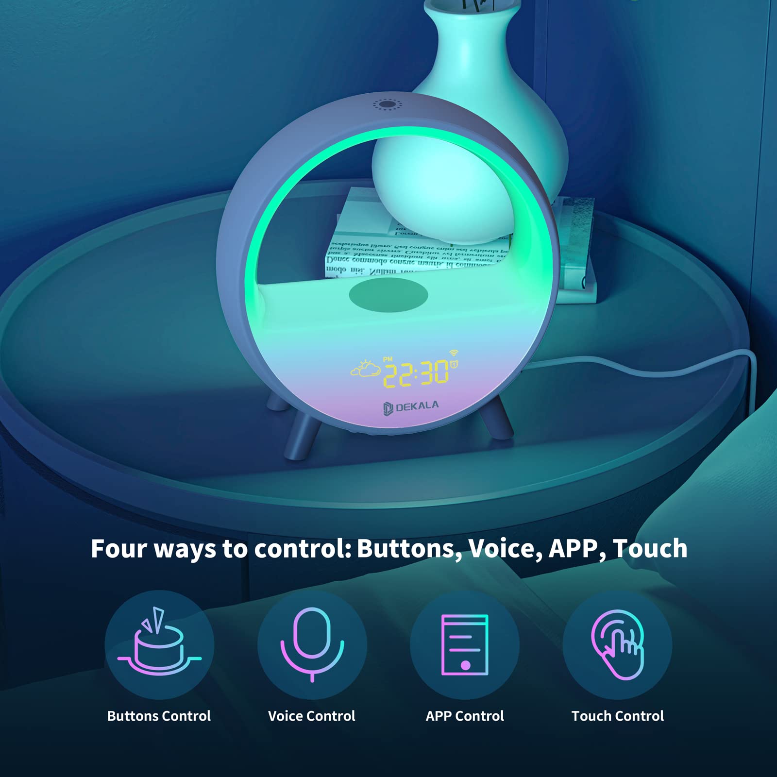 Dekala Sunrise Alarm Clock with 15W Fast Wireless Charging, Sunset Simulation & White Noise Sound Machine, Smart Ambient Lamp with Gradual Sunrise, WiFi & Touch Control - Perfect for Bedroom, Office, Meditation & Relaxation
