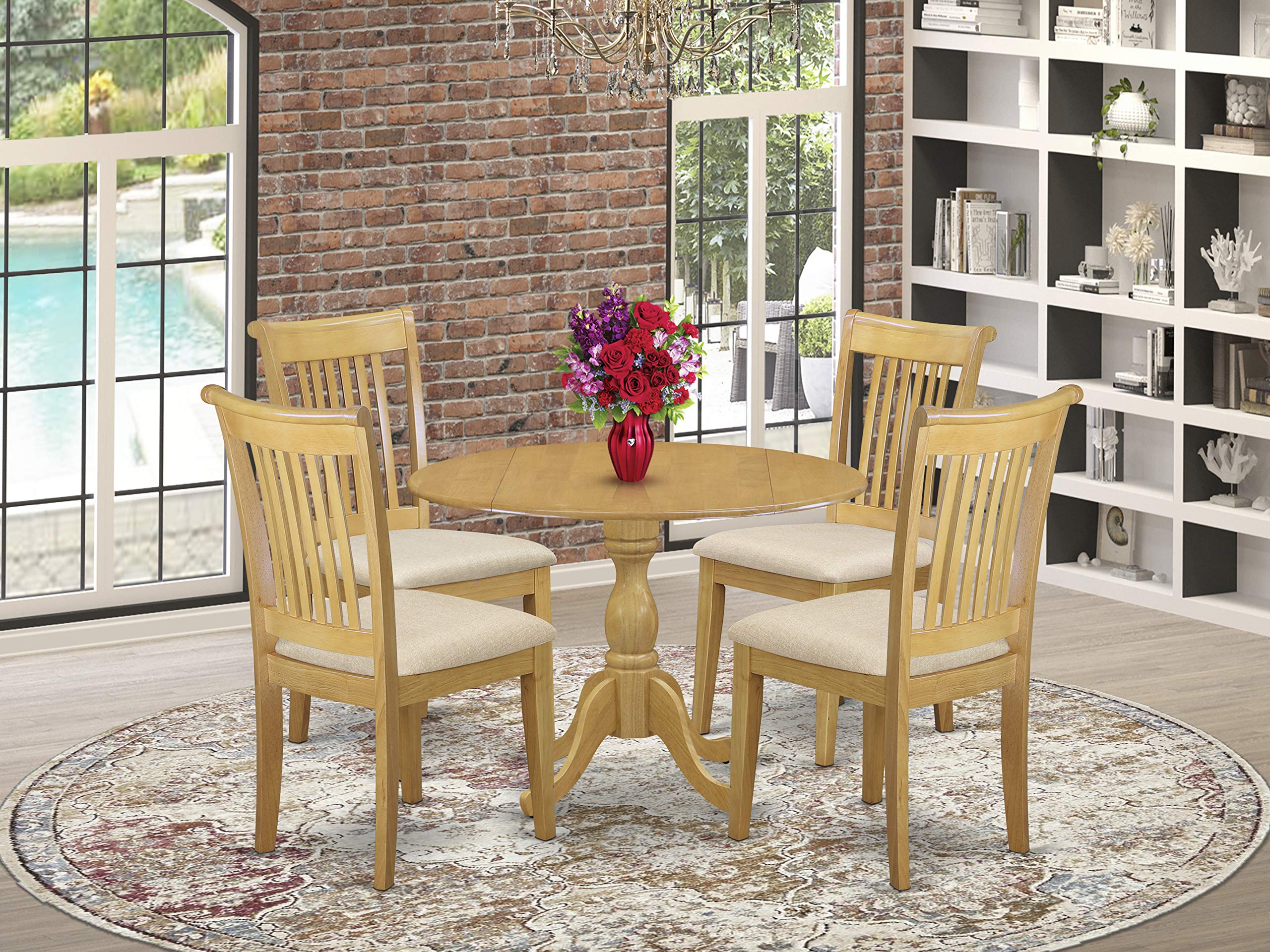 East West Furniture 5-Piece Oak Kitchen Table & Chairs Set with Drop Leaf - Round Dining Table & 4 Linen Fabric Chairs, 42x42 Inch - Perfect for Small Spaces, Breakfast Nooks & Cozy Dining Rooms